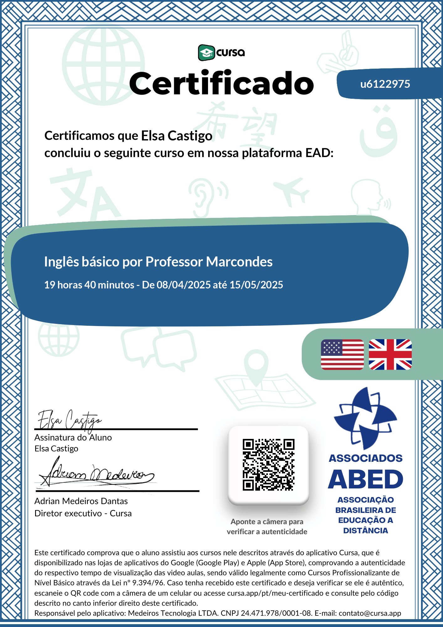 Imagem do meu Certificado gratuito de conclusão de curso.