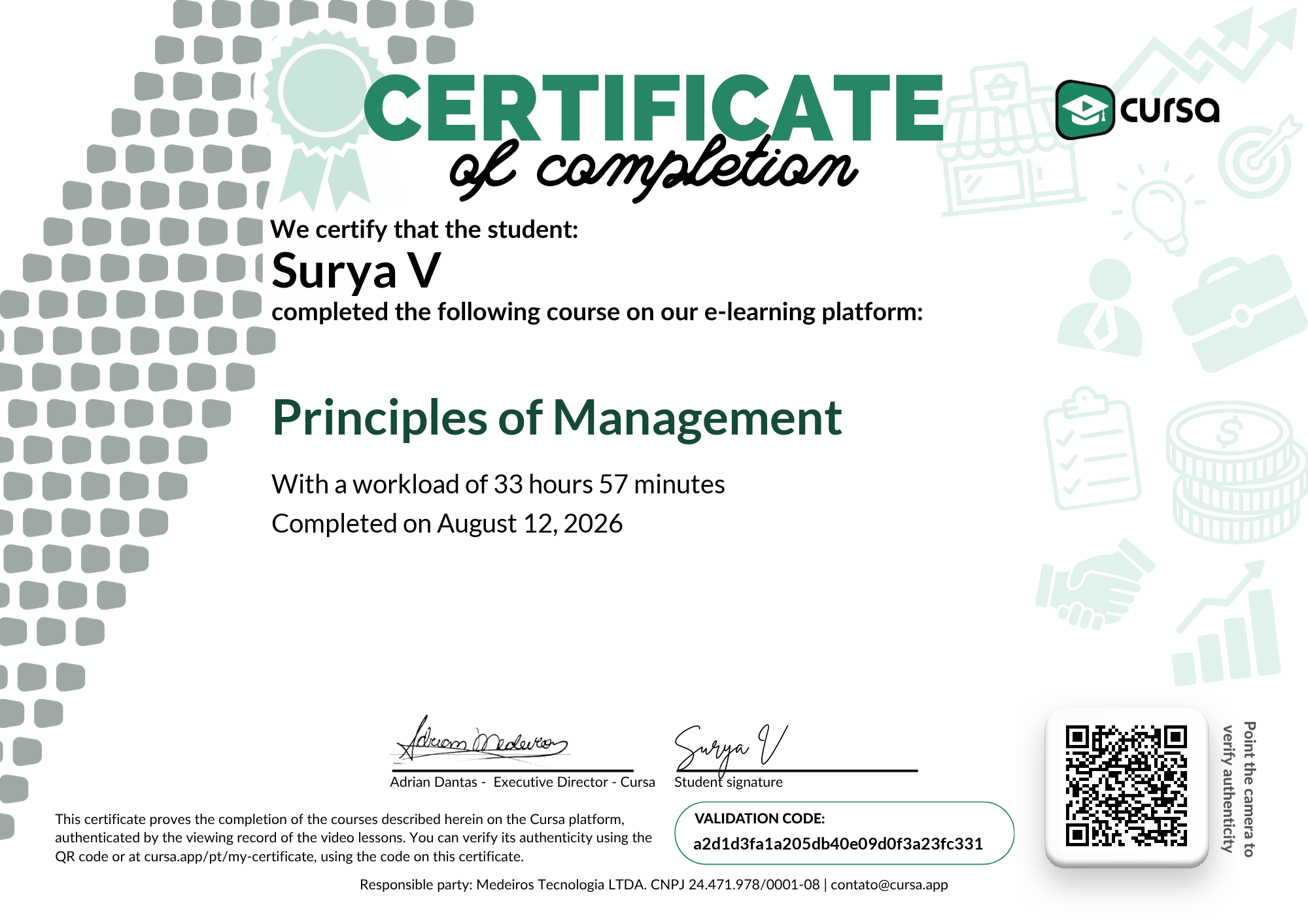 Image of my free Course Completion Certificate.