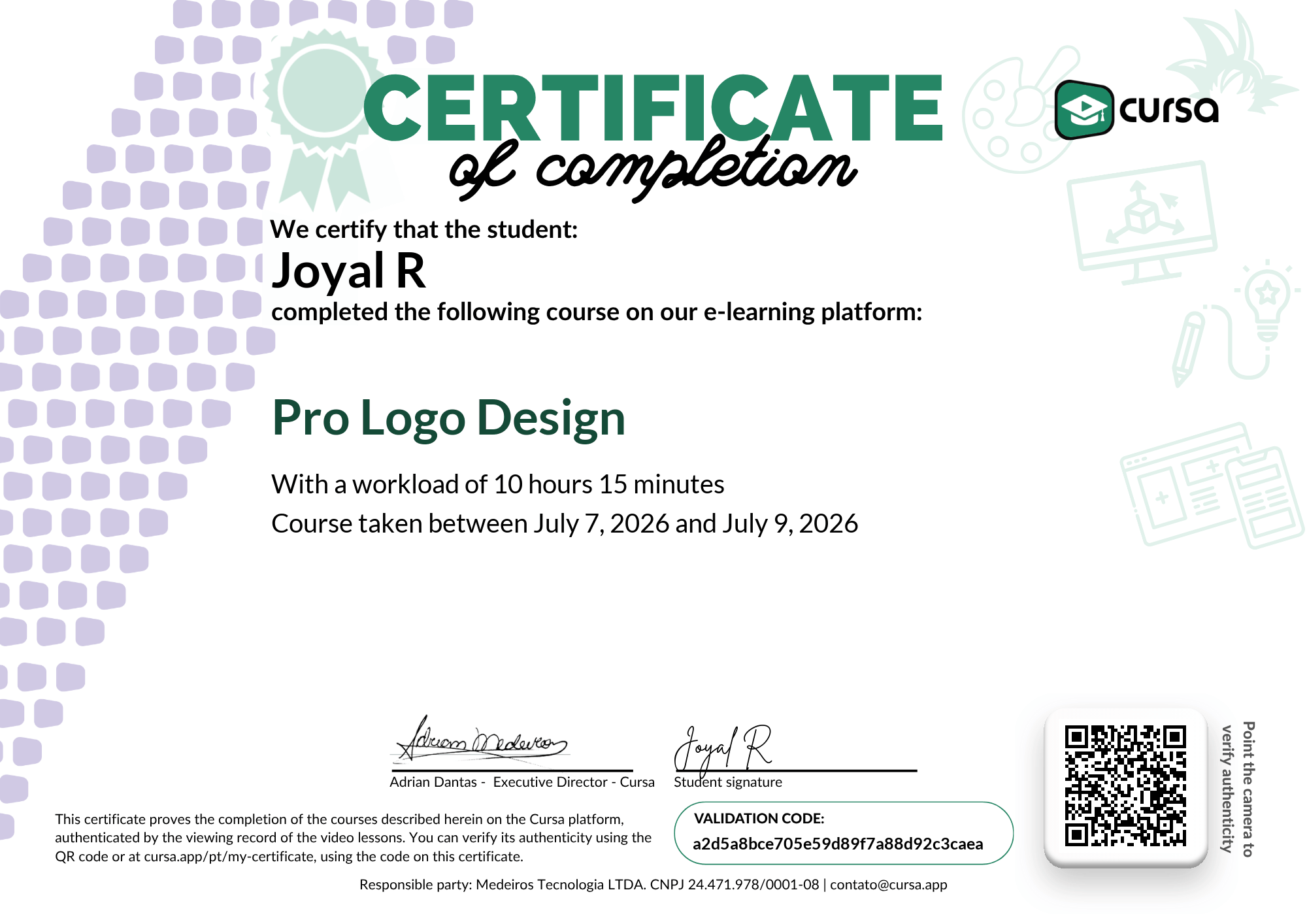 Image of my free Course Completion Certificate.