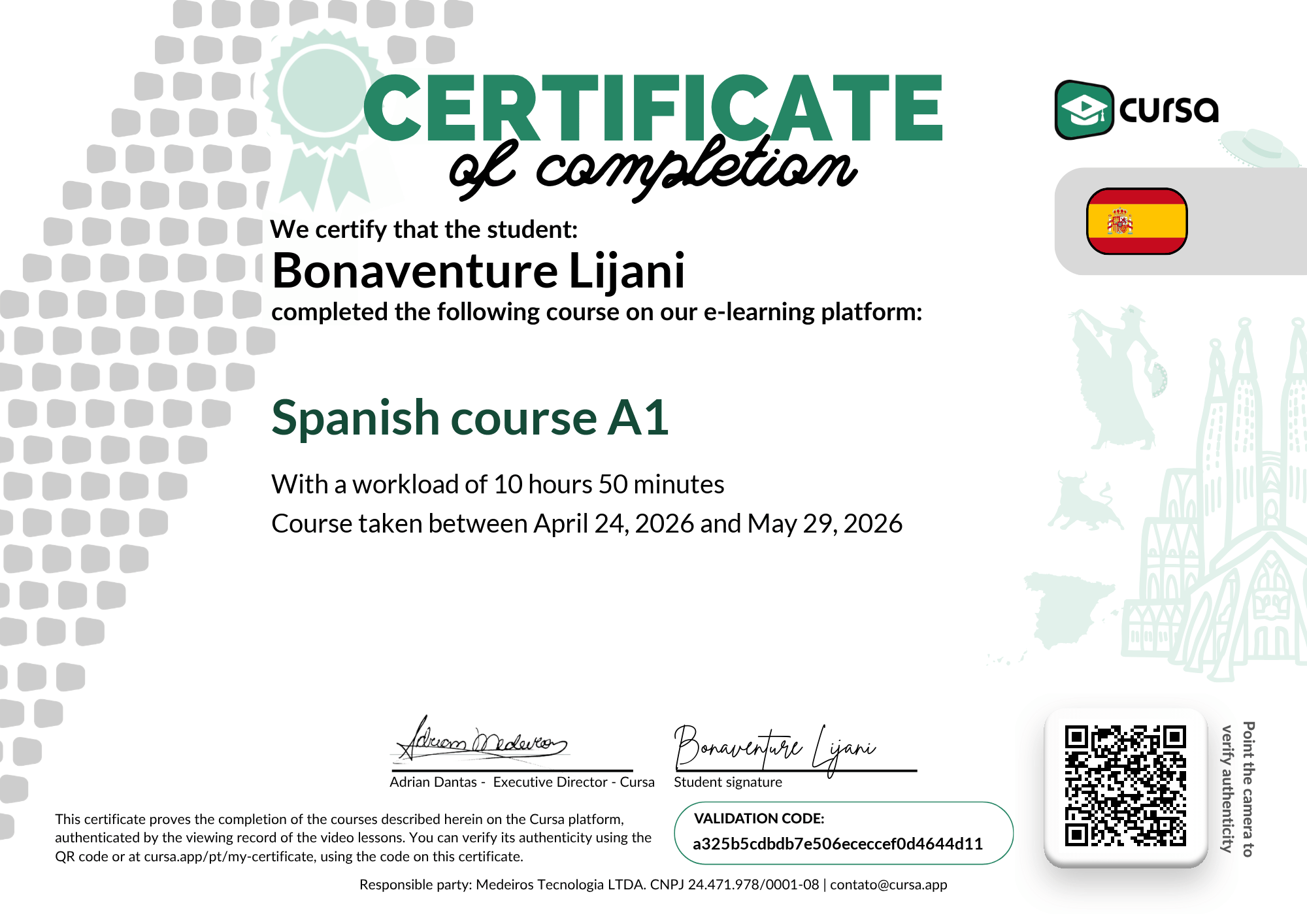 Image of my free Course Completion Certificate.
