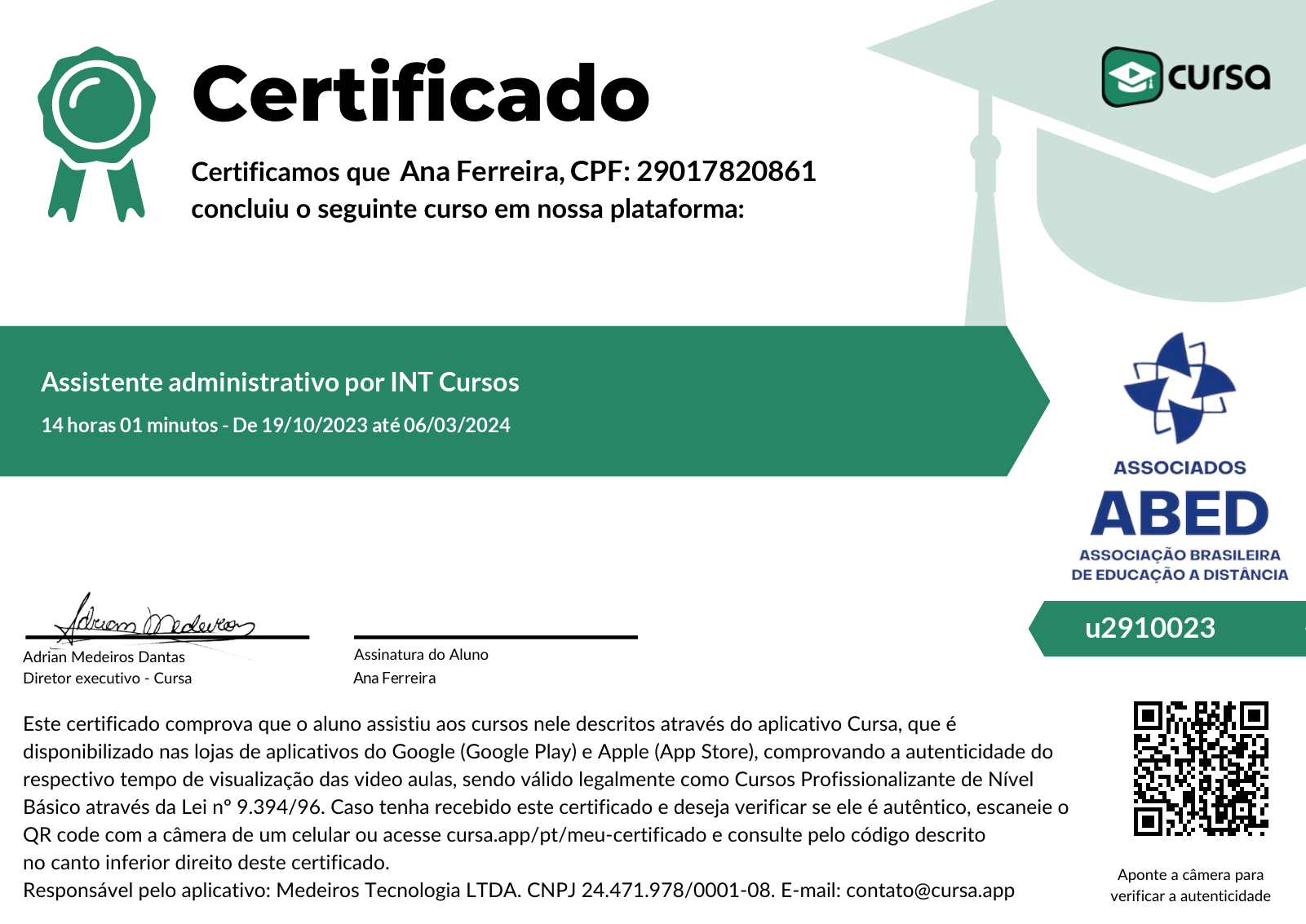 Imagem do meu Certificado gratuito de conclusão de curso.