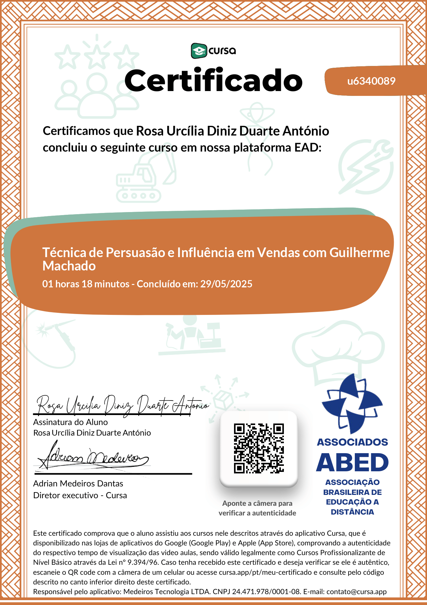 Imagem do meu Certificado gratuito de conclusão de curso.