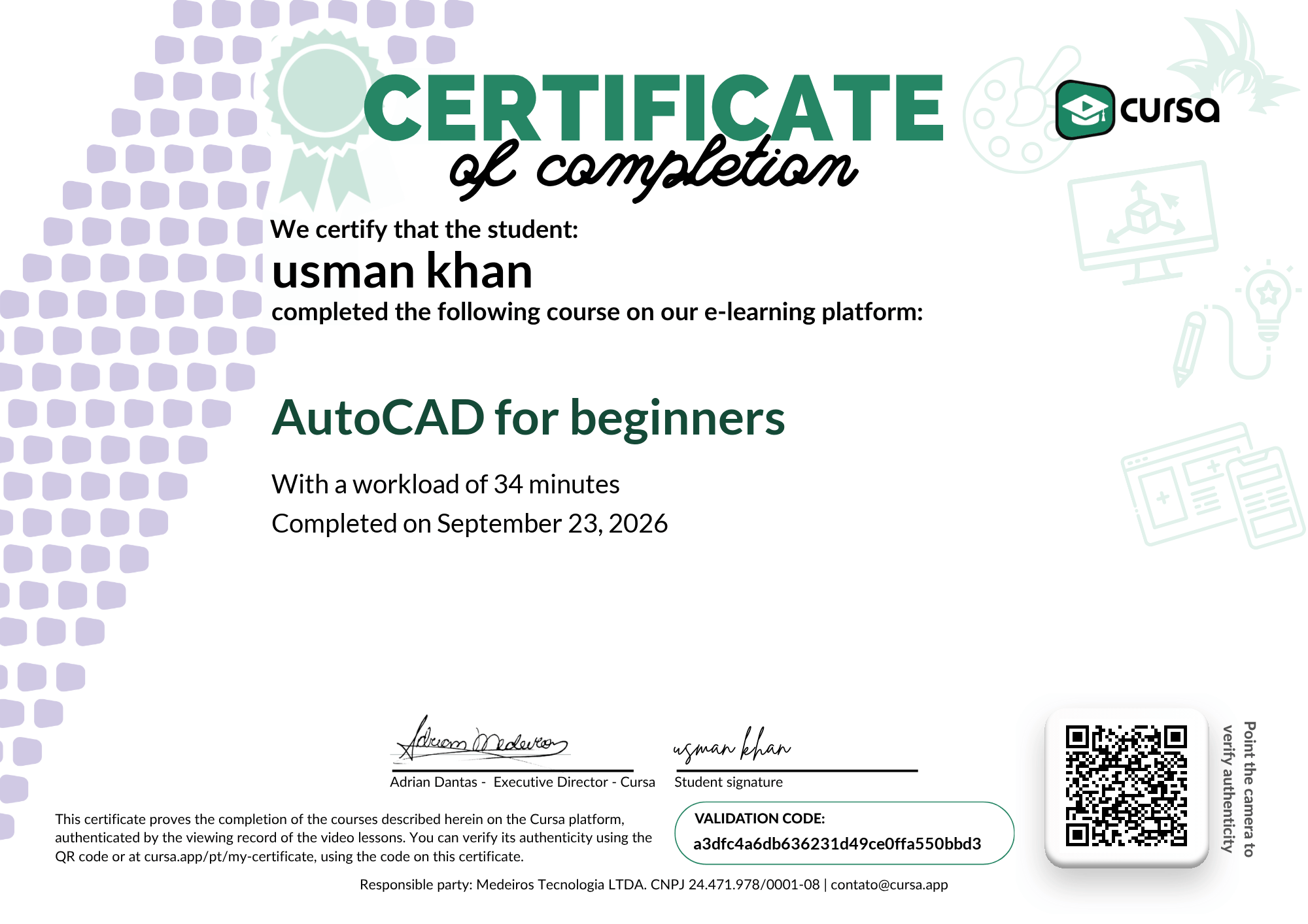 Image of my free Course Completion Certificate.