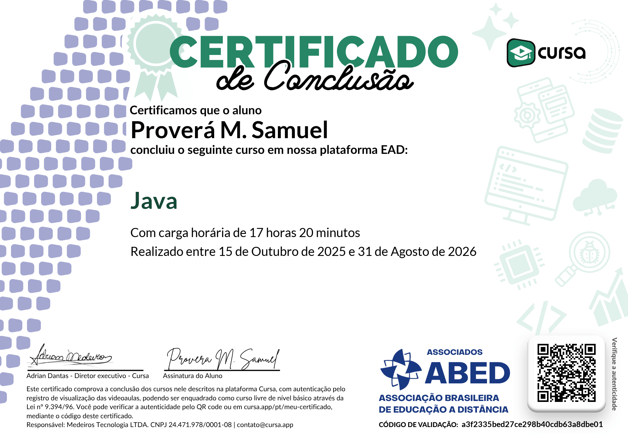 Imagem do meu Certificado gratuito de conclusão de curso.