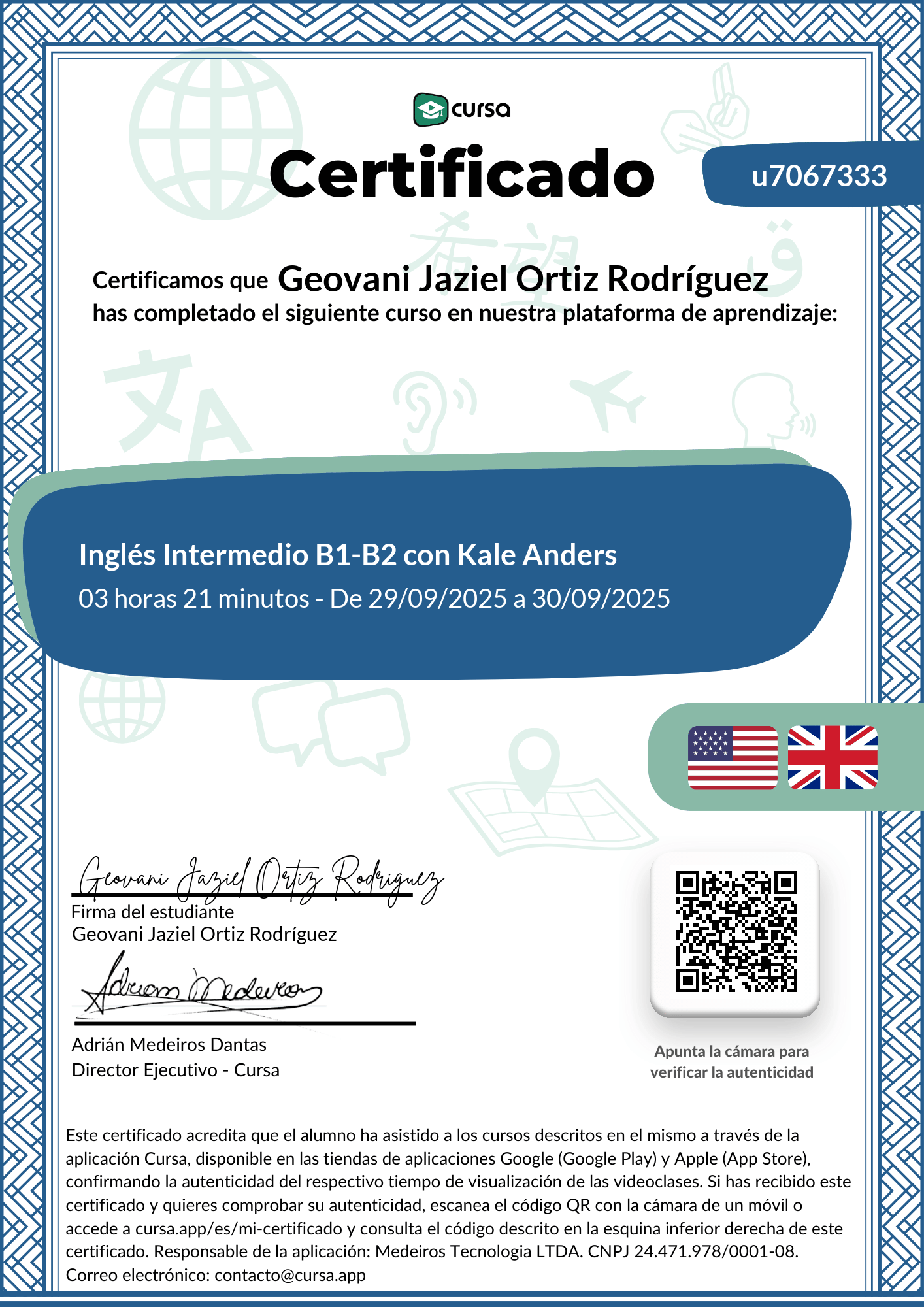Imagen de mi Certificado de finalización del curso gratuito.