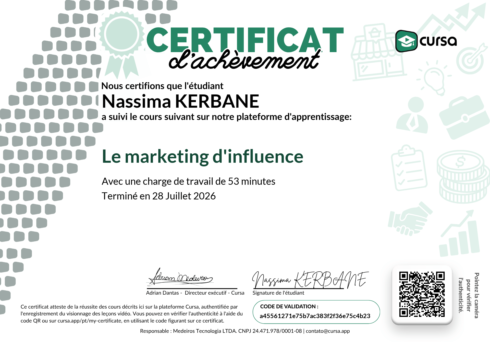 Image de mon certificat de fin de cours gratuit.