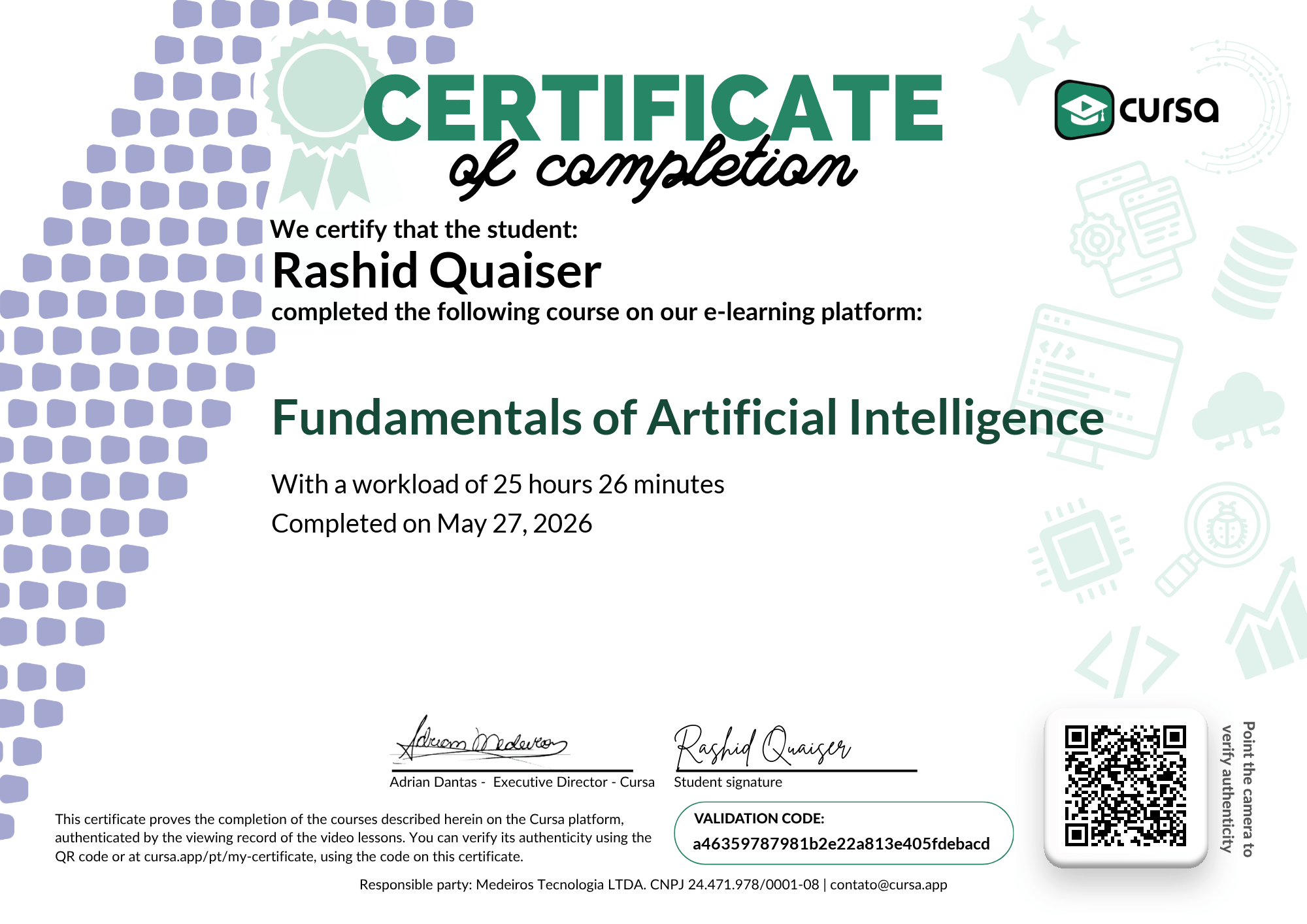 Image of my free Course Completion Certificate.