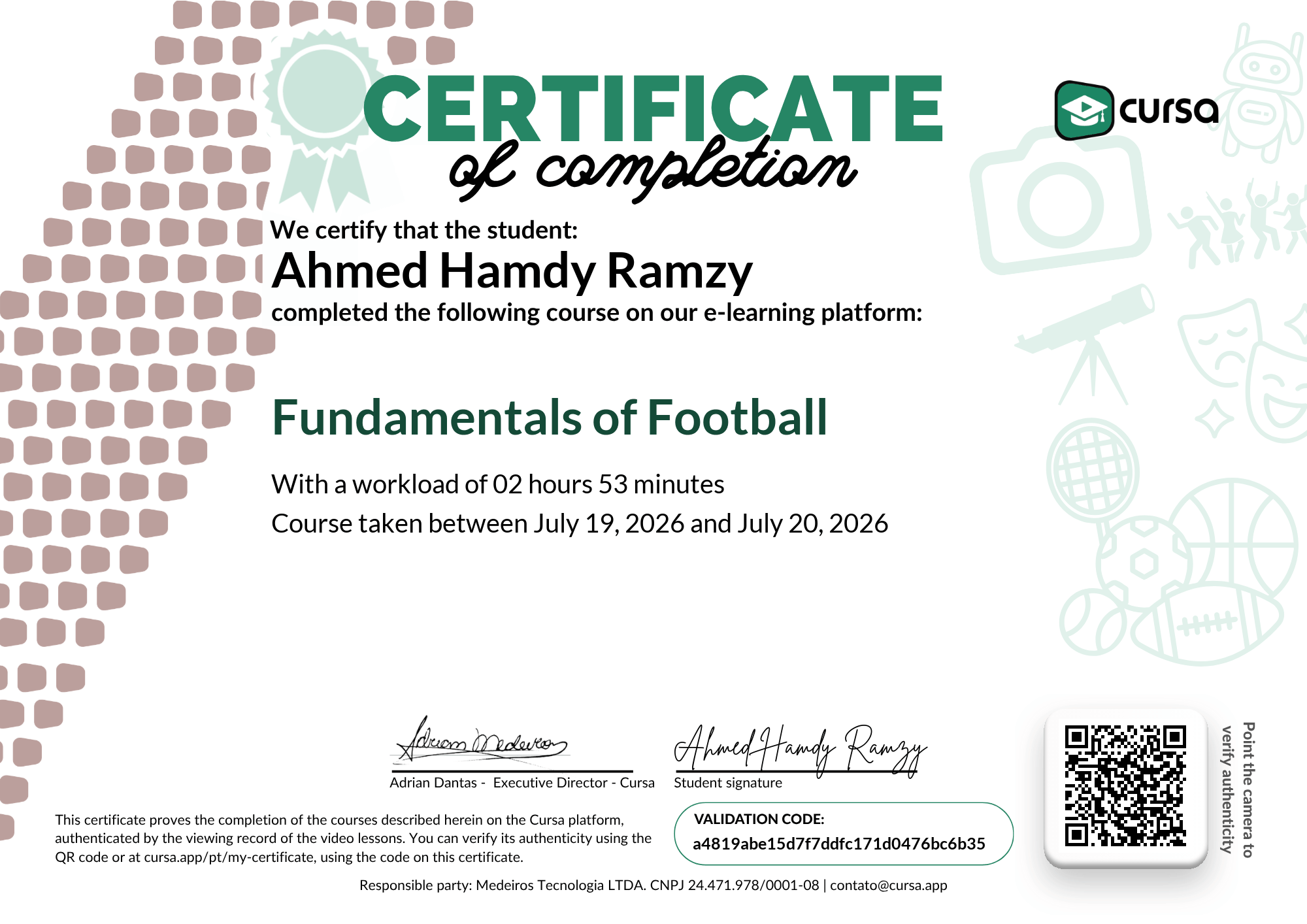 Image of my free Course Completion Certificate.