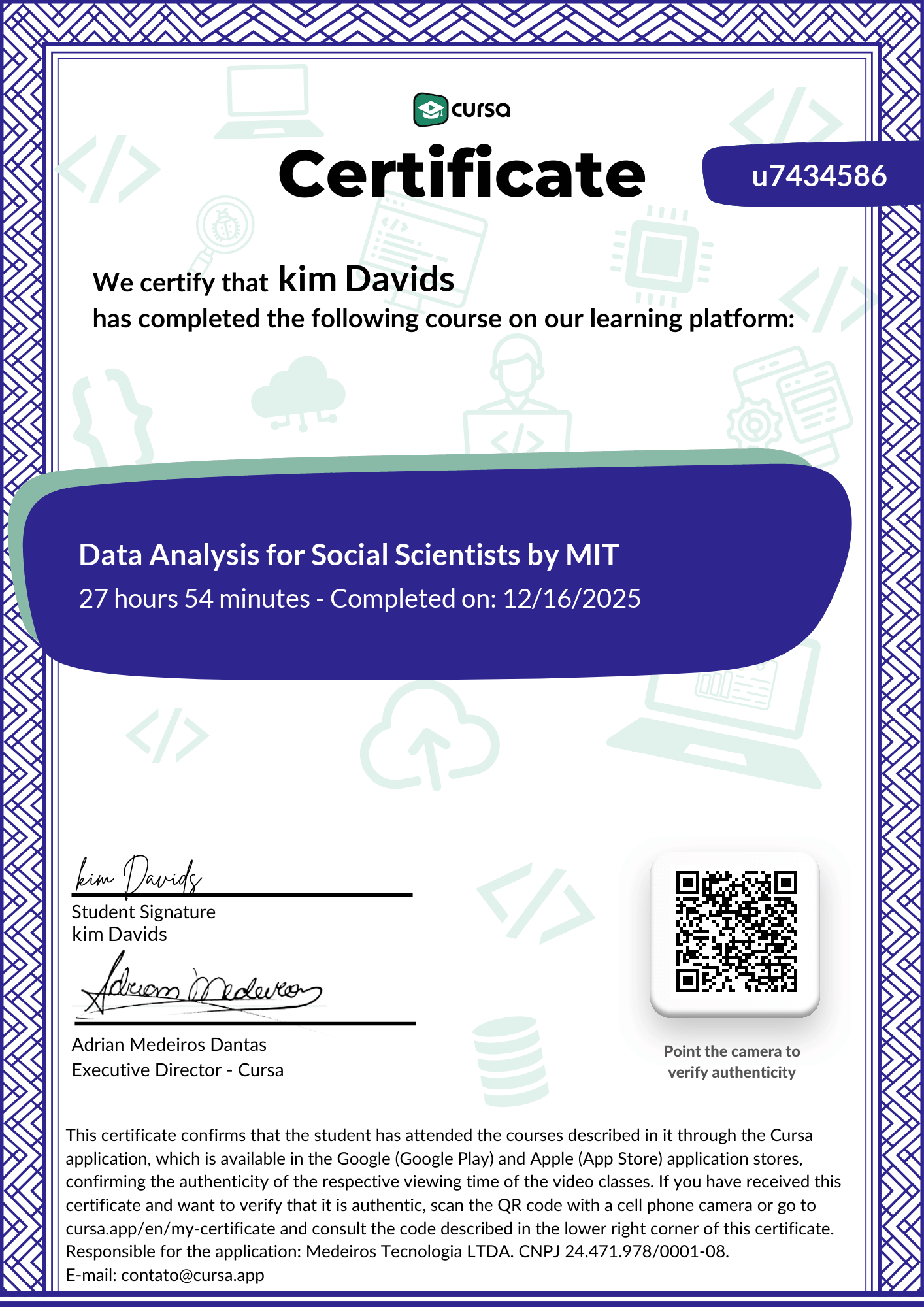 Image of my free Course Completion Certificate.