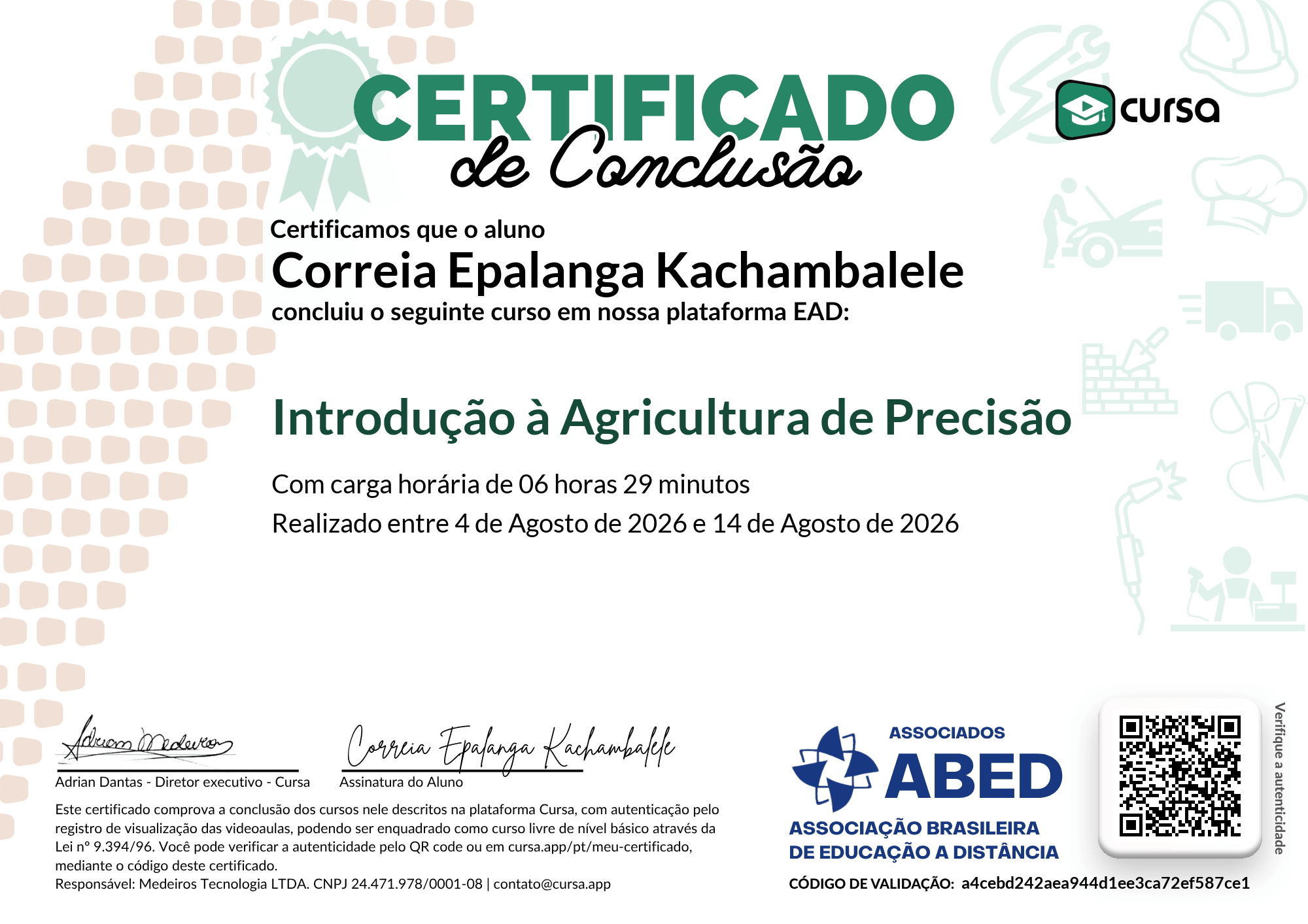 Imagem do meu Certificado gratuito de conclusão de curso.