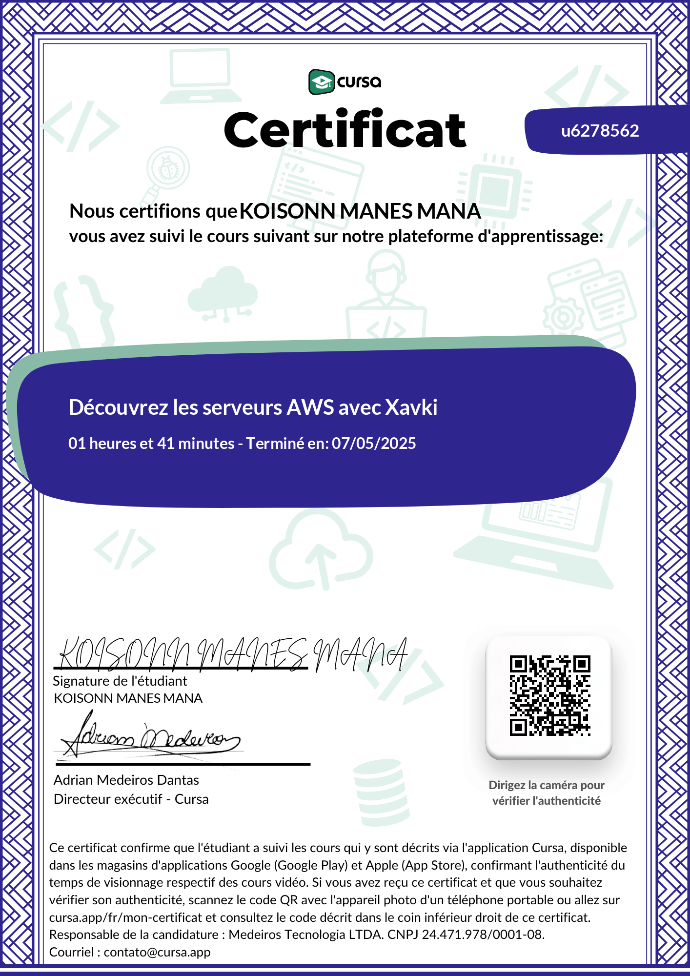 Image de mon certificat de fin de cours gratuit.