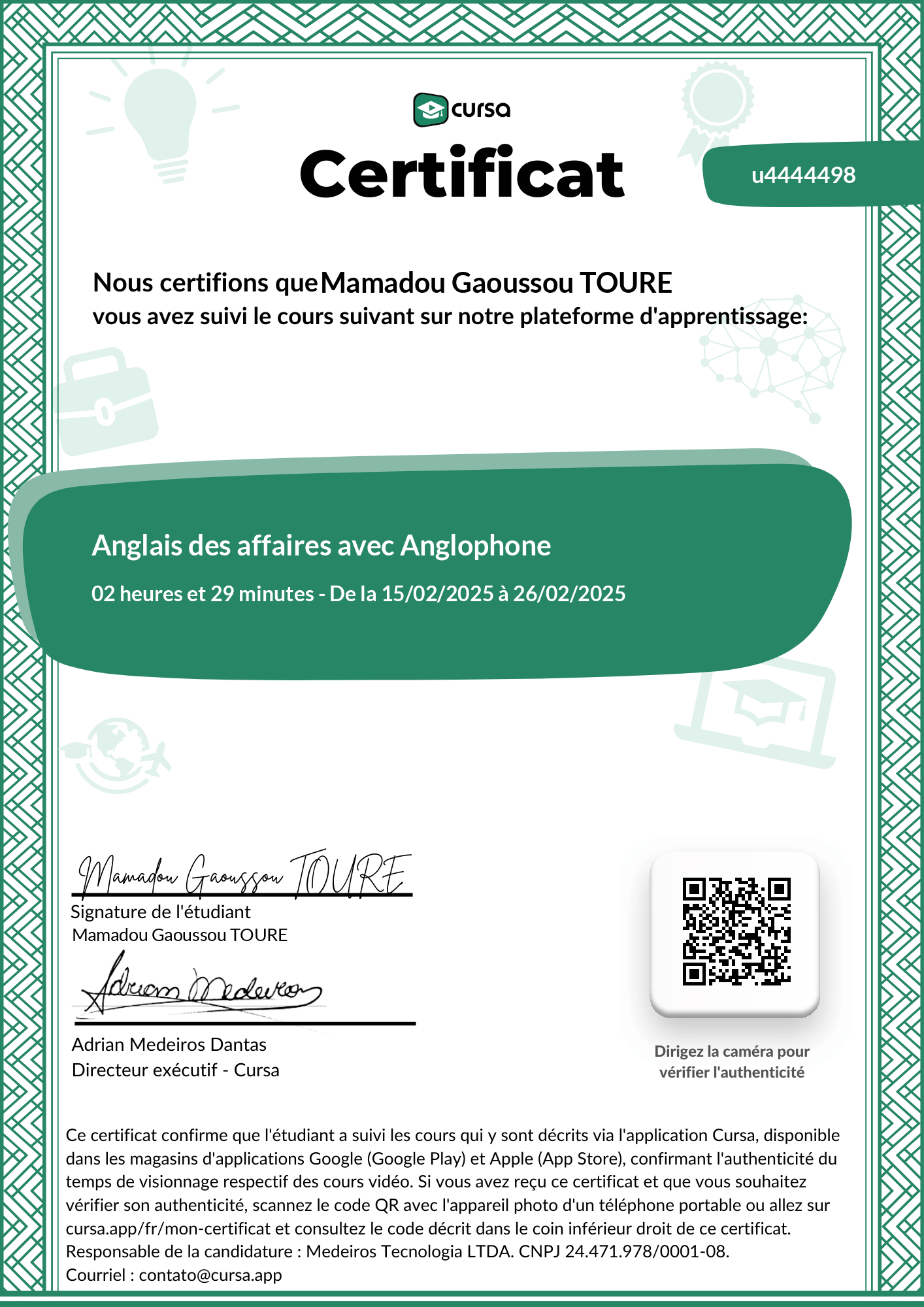 Image de mon certificat de fin de cours gratuit.