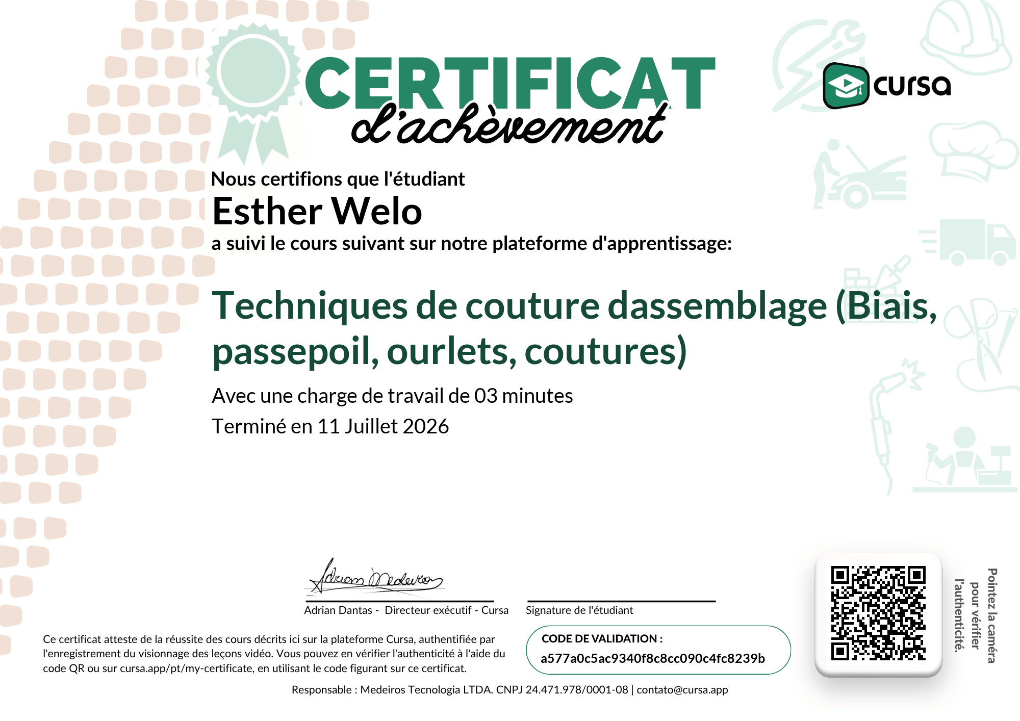 Image de mon certificat de fin de cours gratuit.