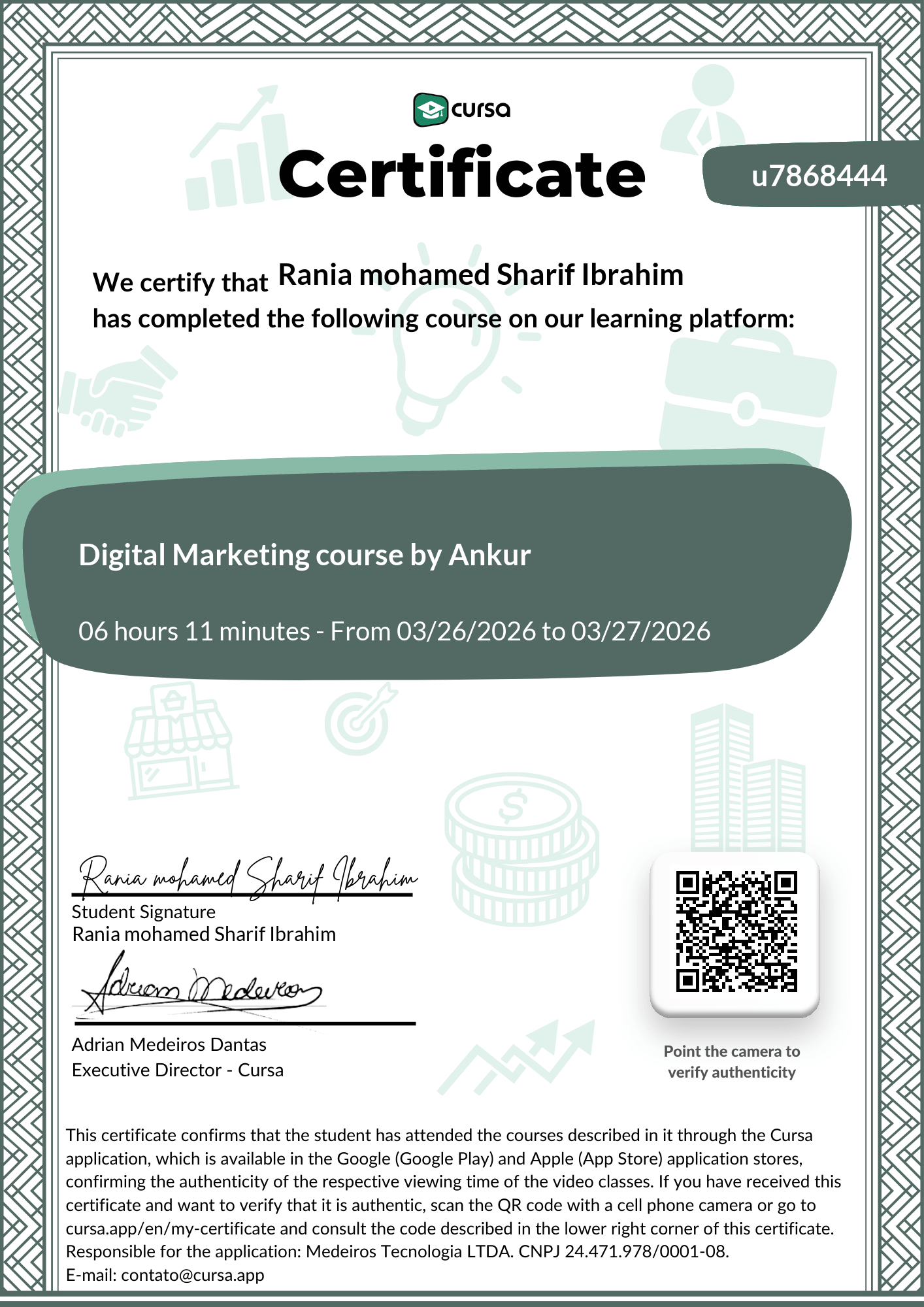 Image of my free Course Completion Certificate.