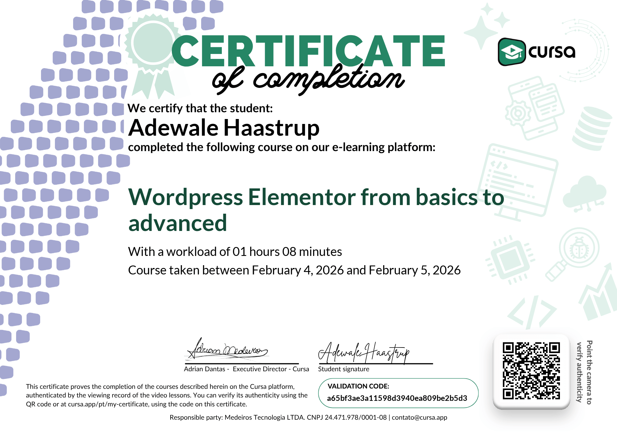 Image of my free Course Completion Certificate.