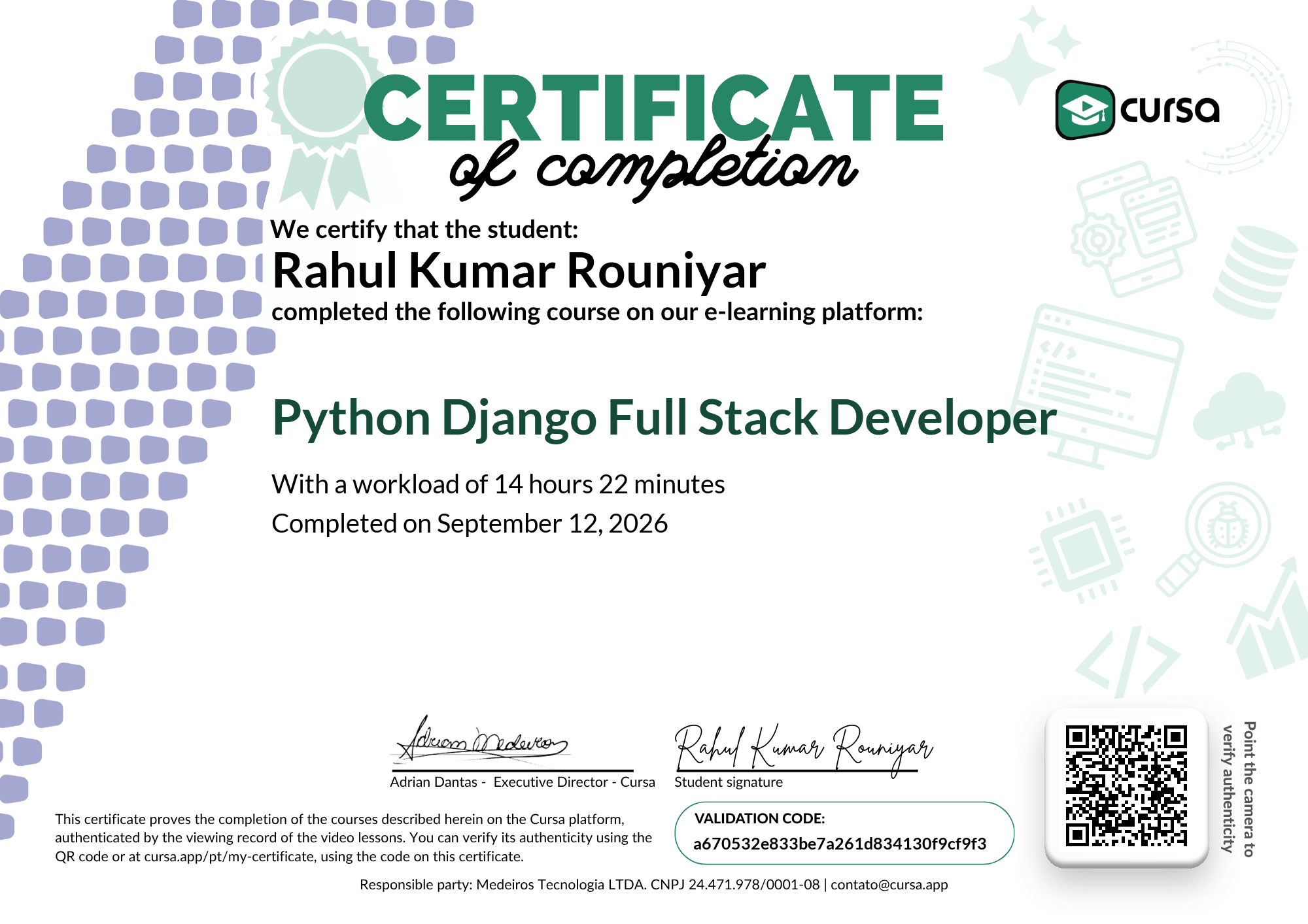 Image of my free Course Completion Certificate.
