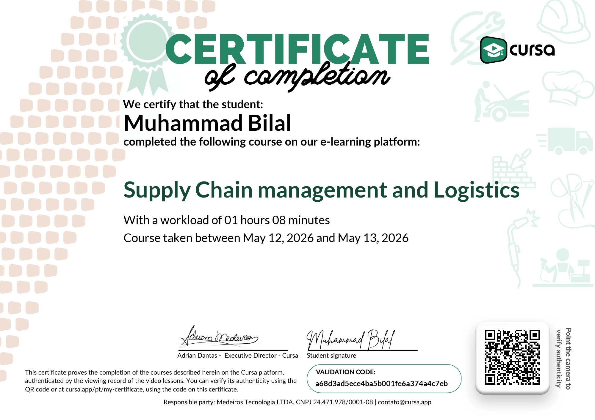 Image of my free Course Completion Certificate.