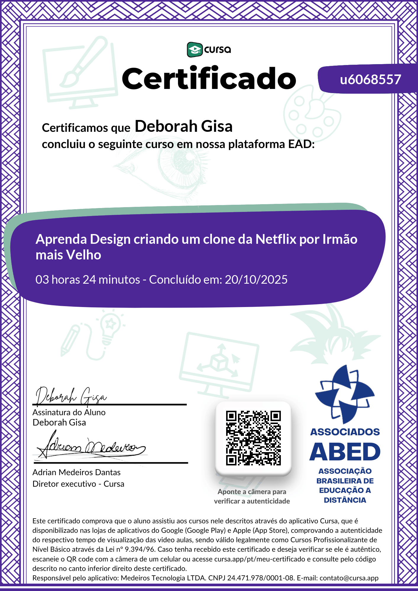 Imagem do meu Certificado gratuito de conclusão de curso.