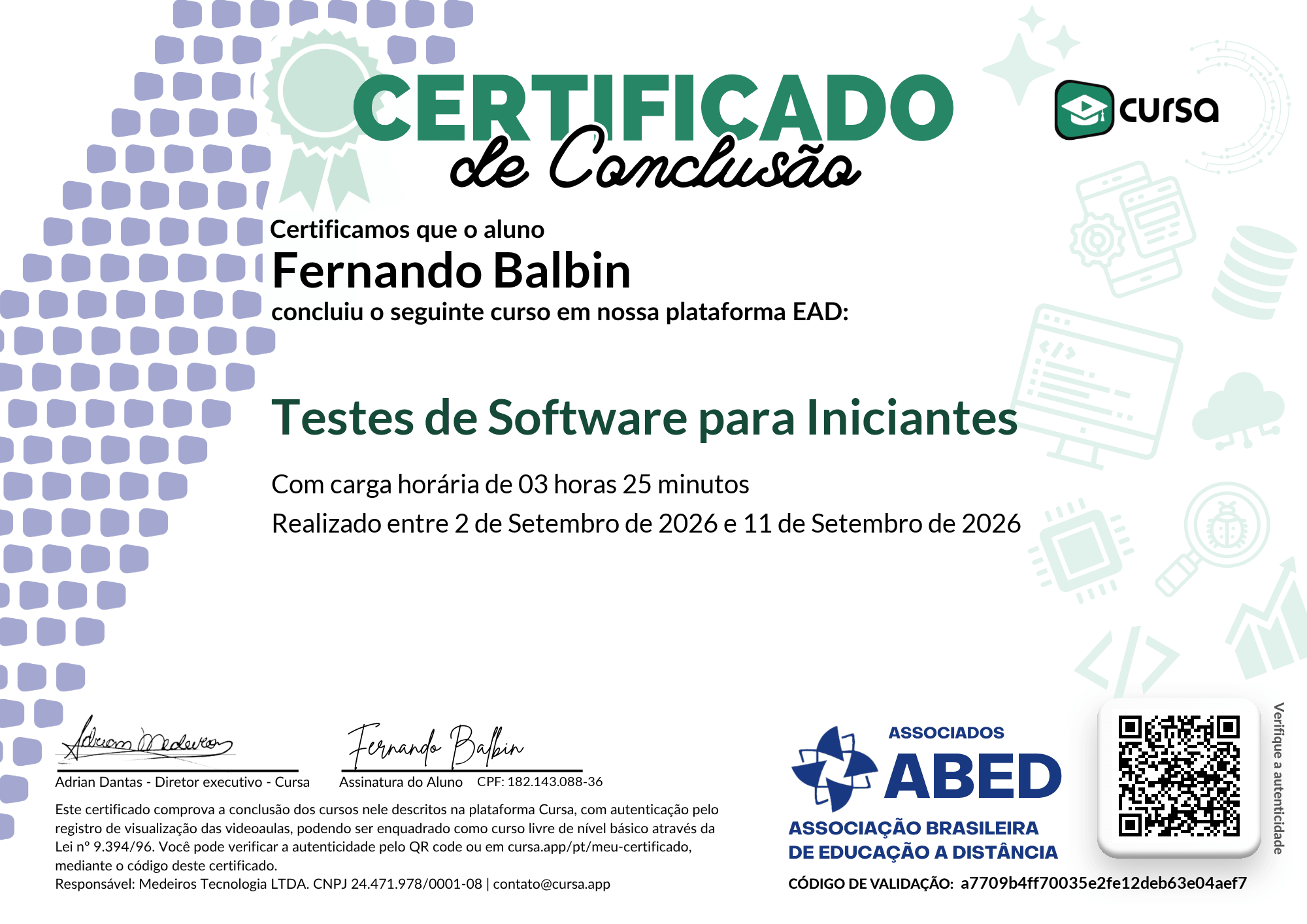 Imagem do meu Certificado gratuito de conclusão de curso.