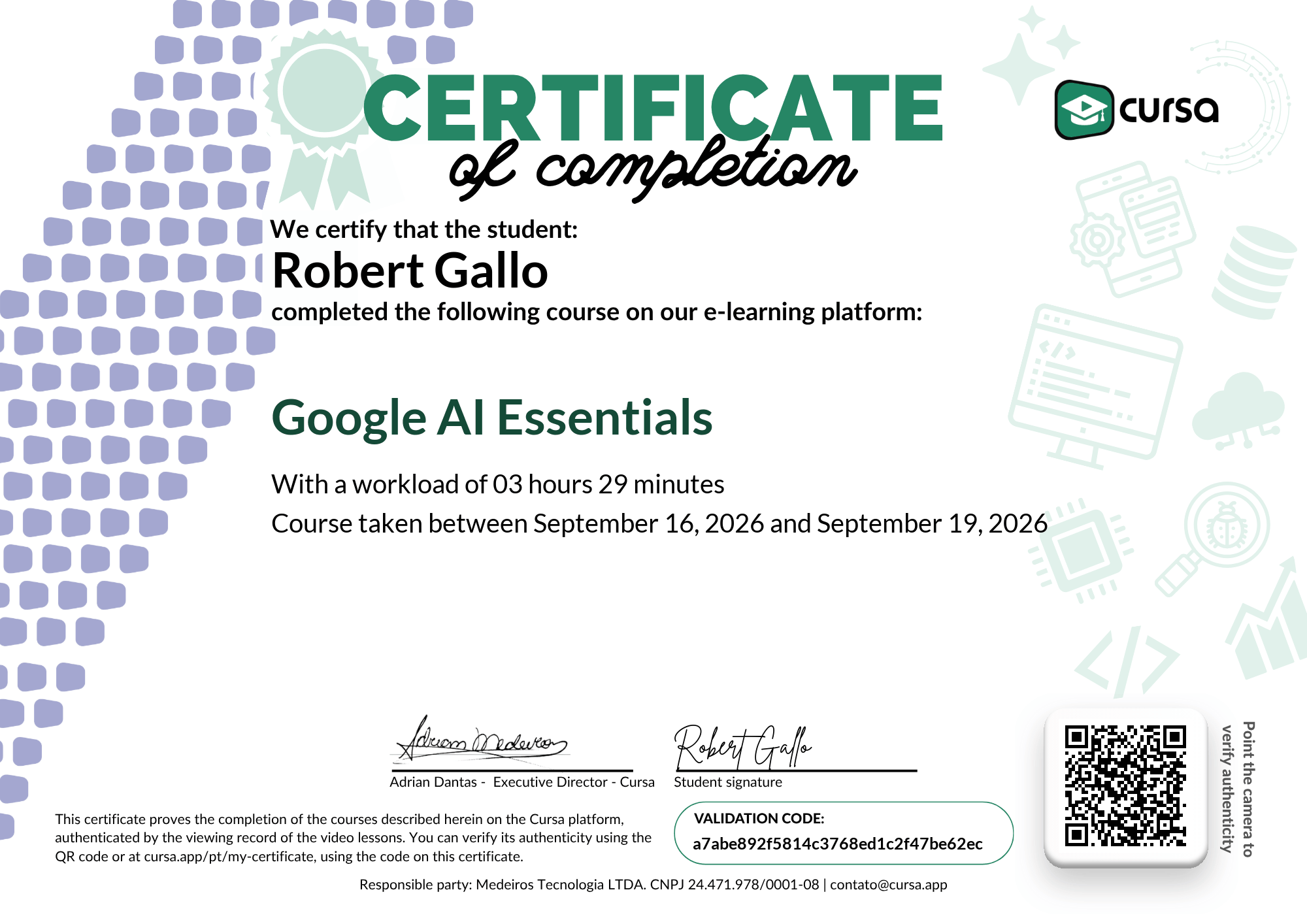 Image of my free Course Completion Certificate.