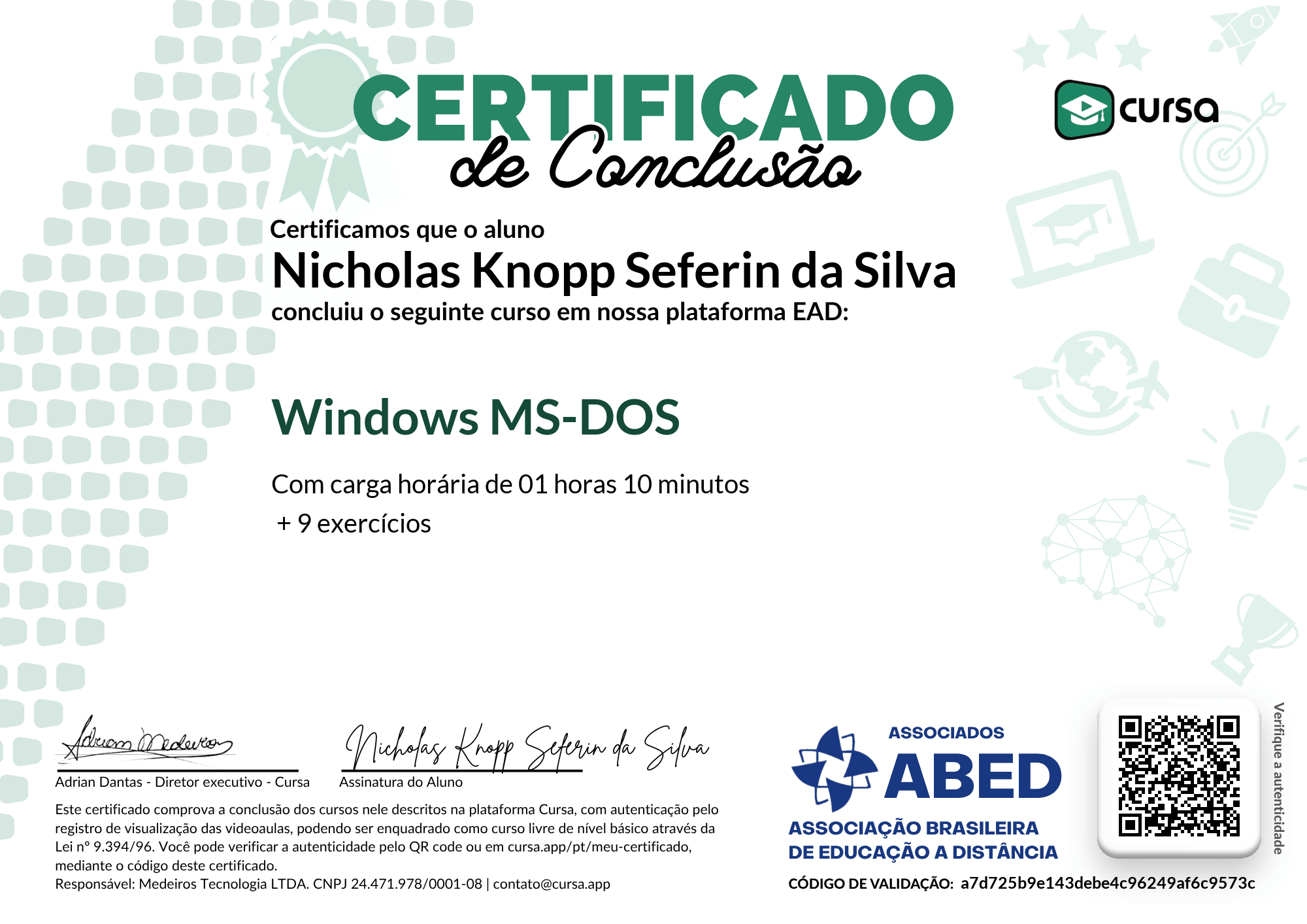 Imagem do meu Certificado gratuito de conclusão de curso.