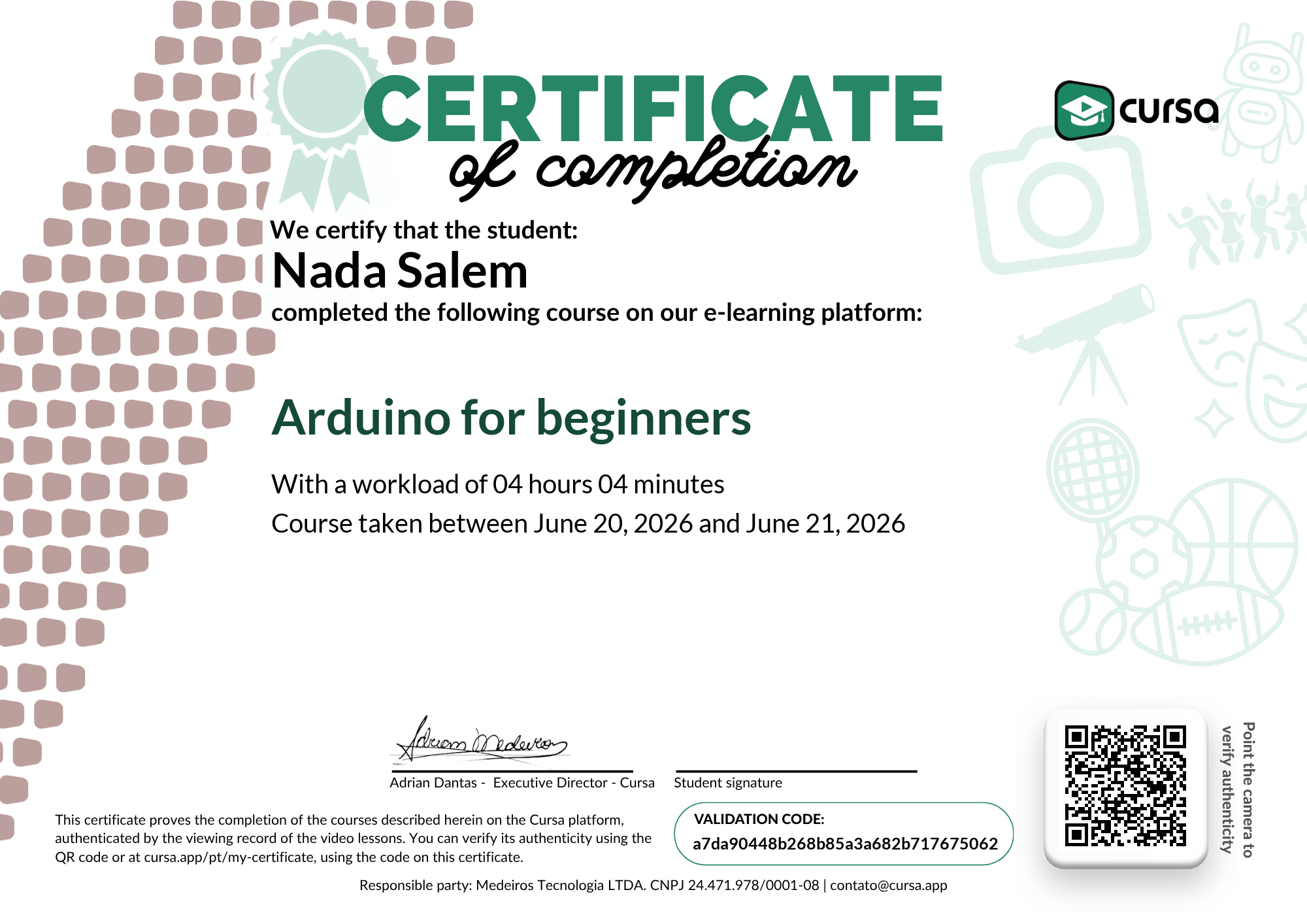 Image of my free Course Completion Certificate.