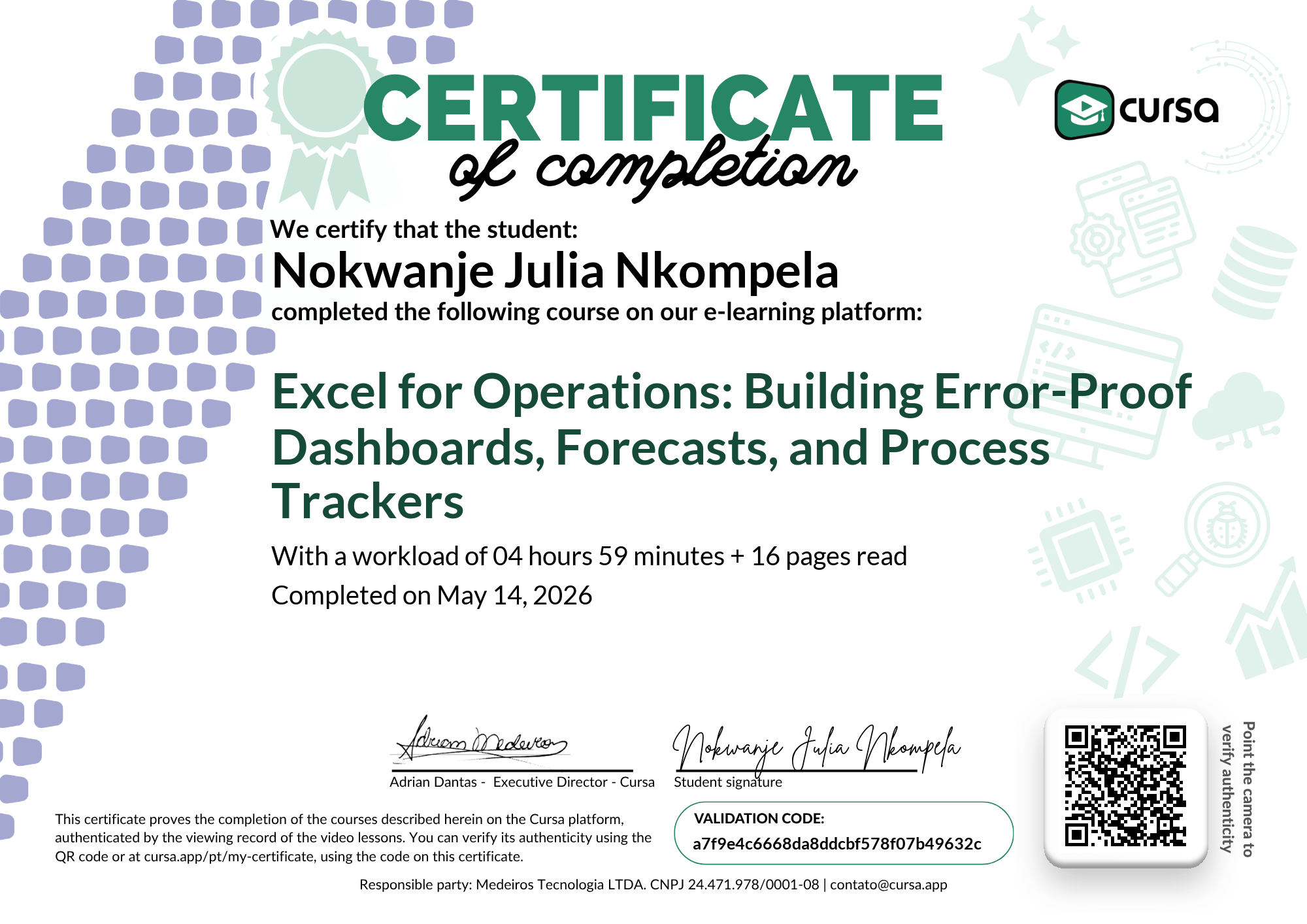Image of my free Course Completion Certificate.
