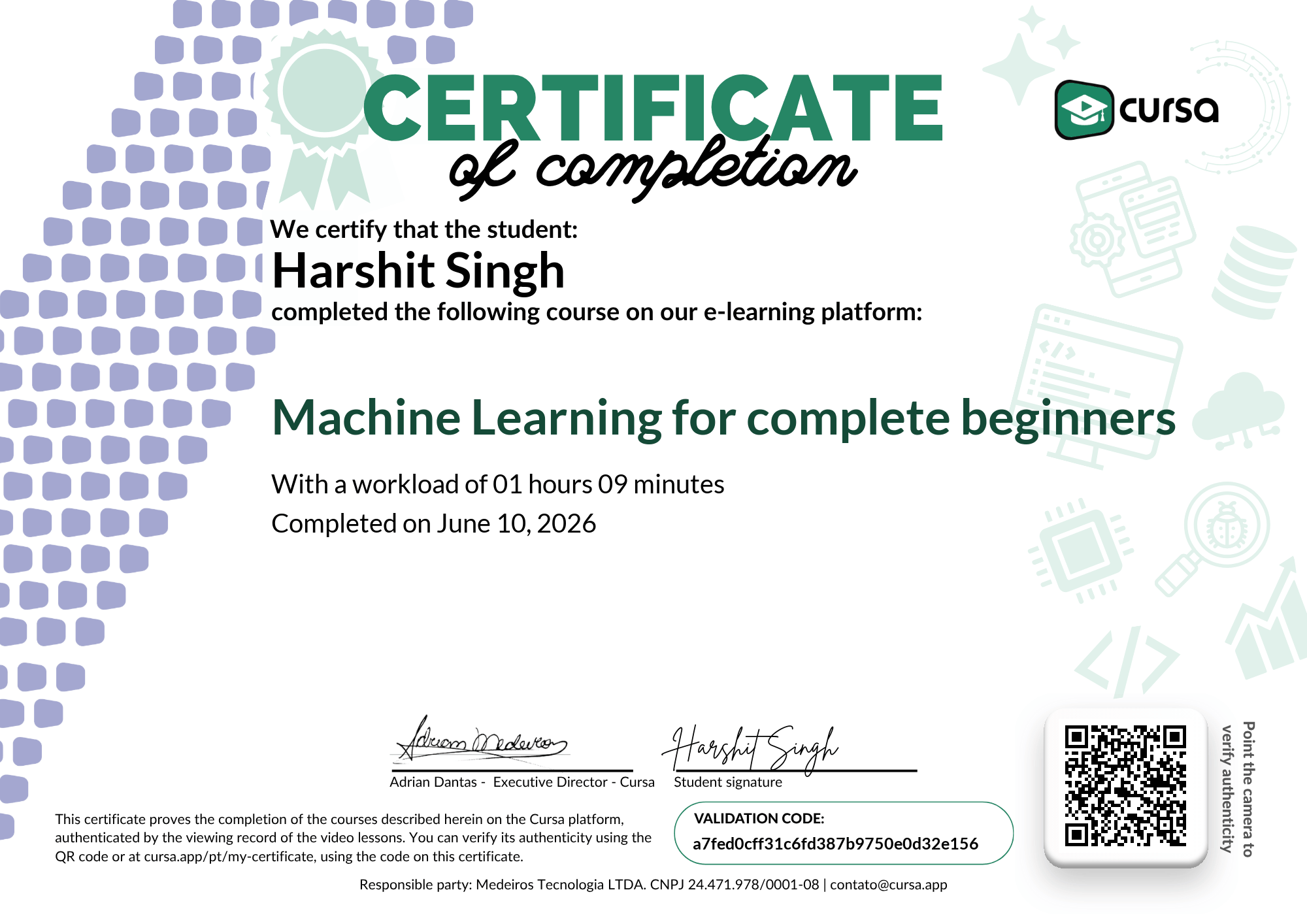 Image of my free Course Completion Certificate.