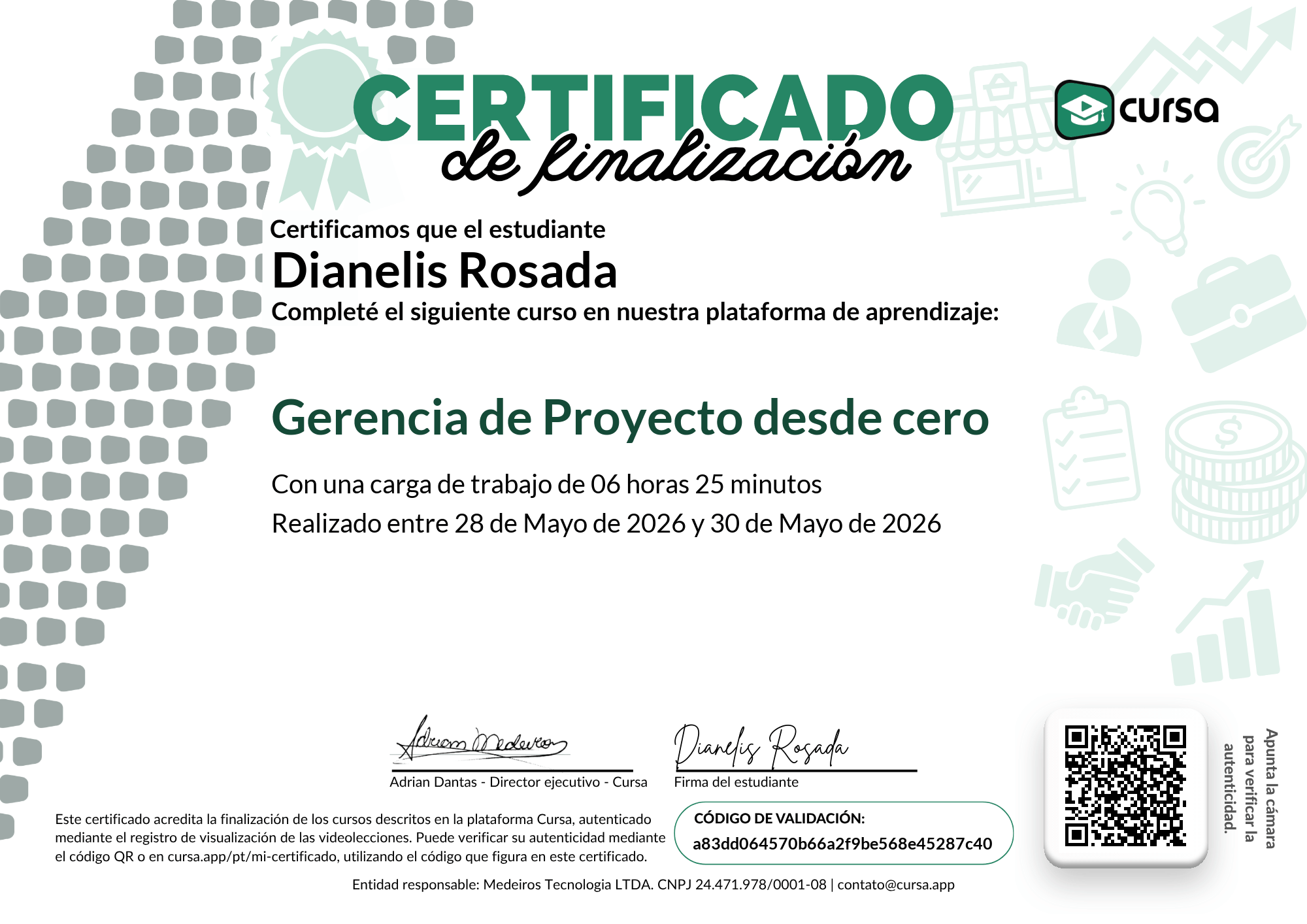 Imagen de mi Certificado de finalización del curso gratuito.