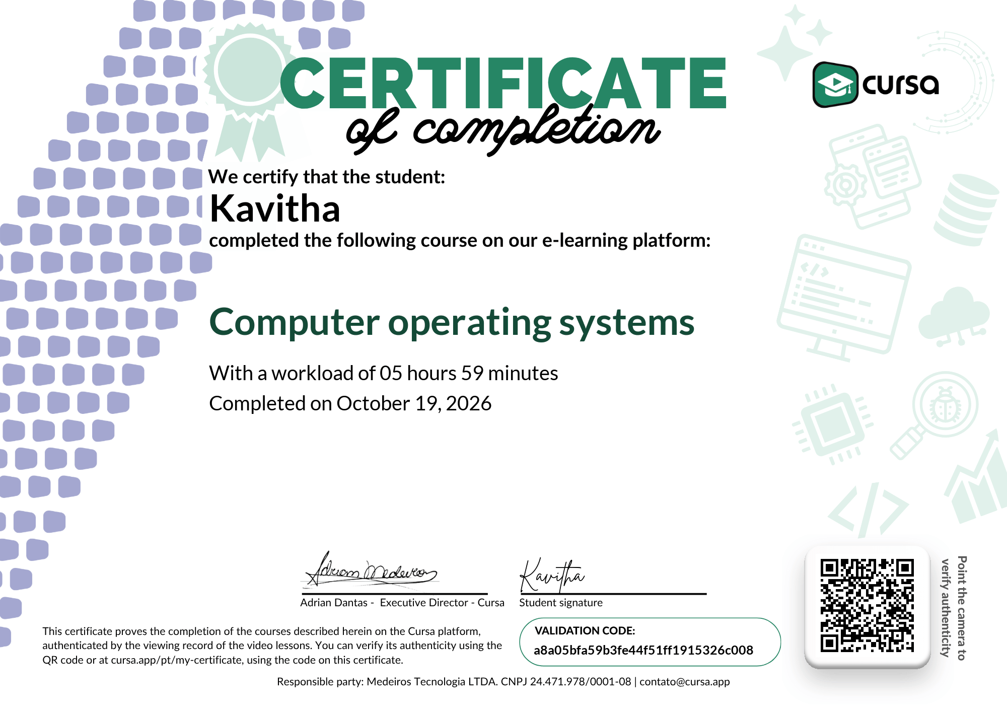Image of my free Course Completion Certificate.