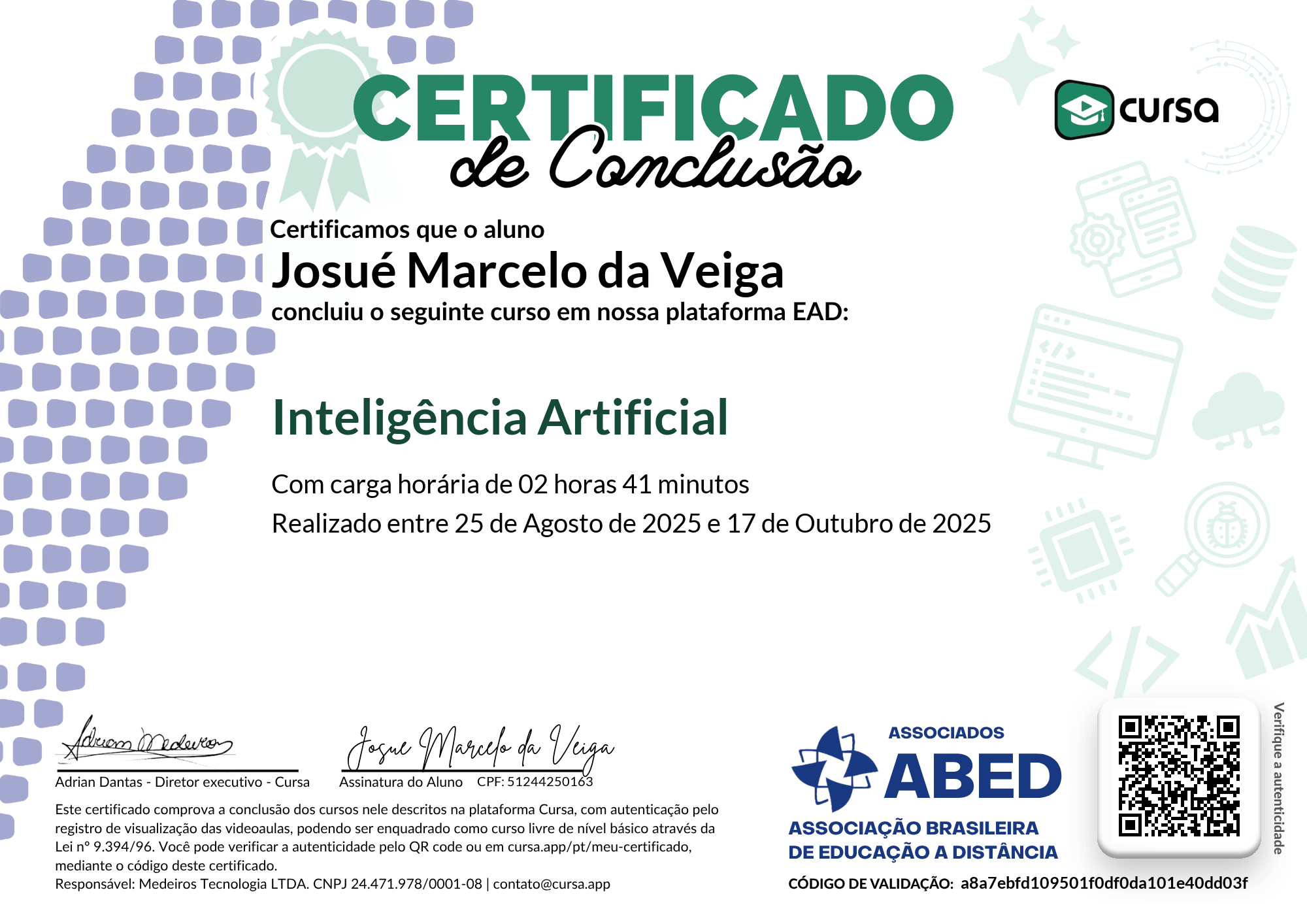 Imagem do meu Certificado gratuito de conclusão de curso.