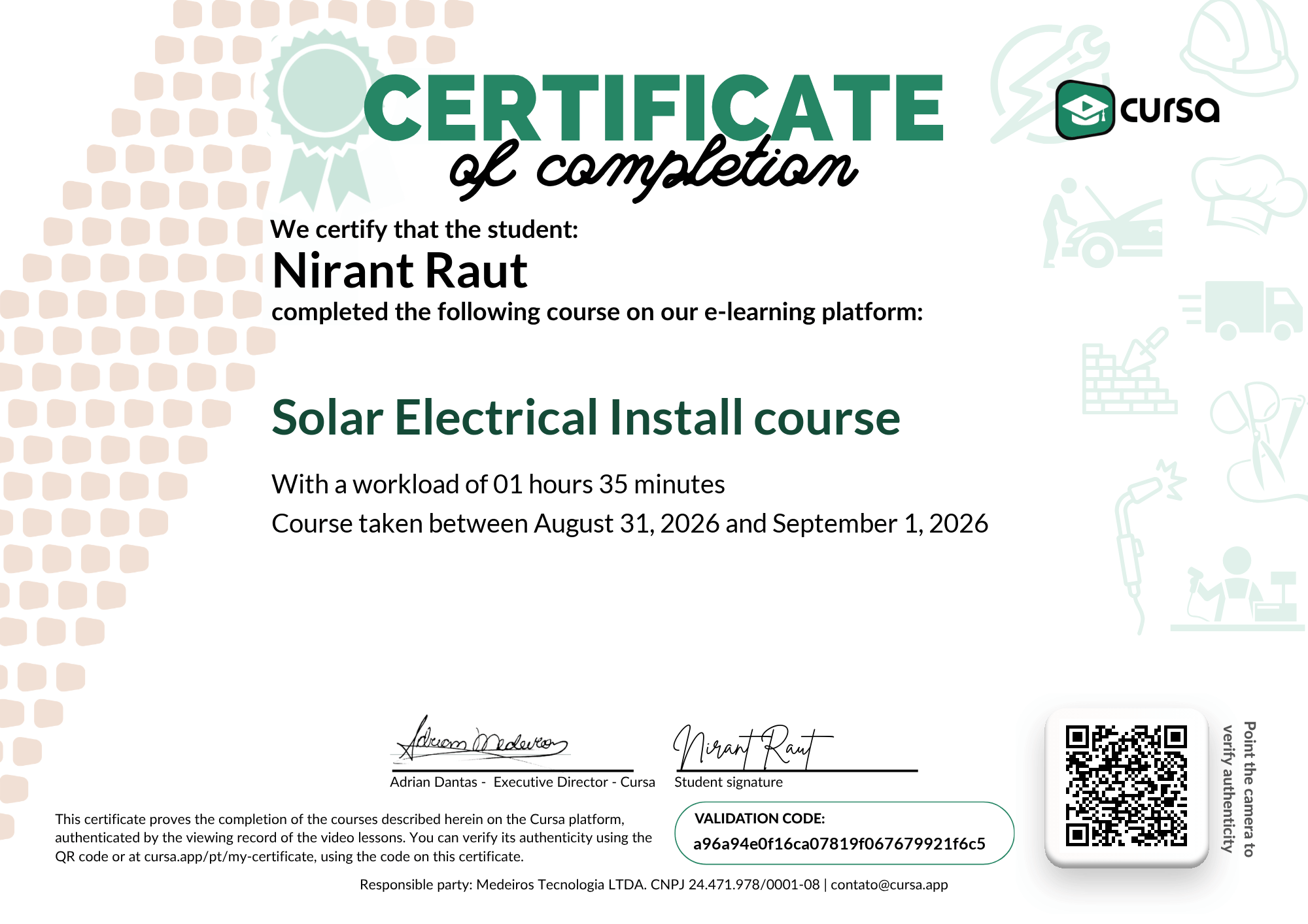 Image of my free Course Completion Certificate.