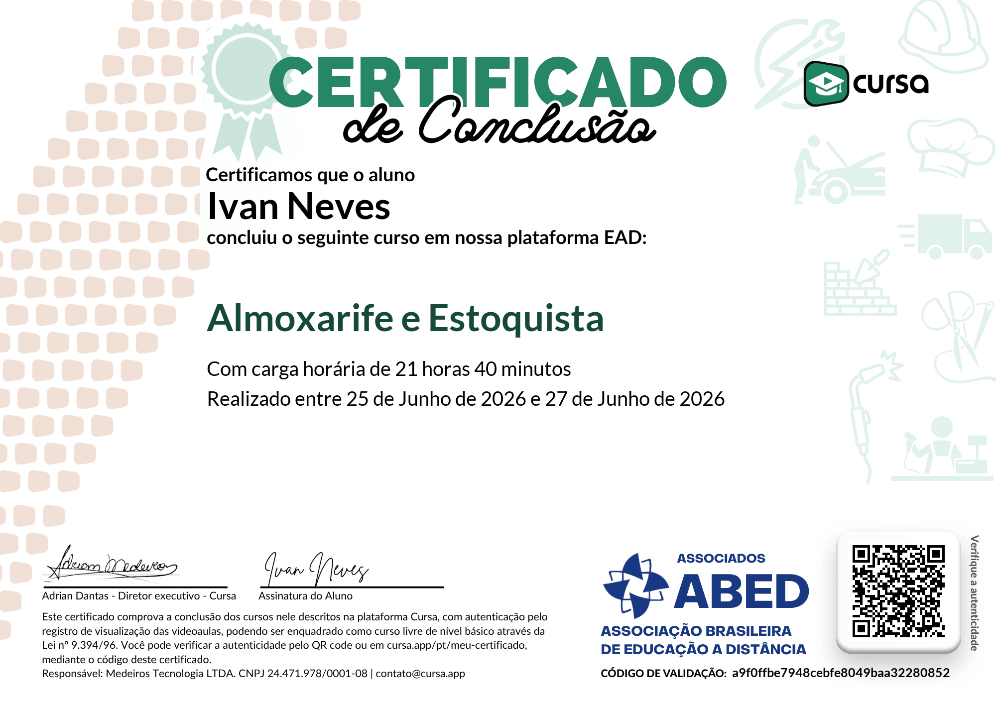 Imagem do meu Certificado gratuito de conclusão de curso.