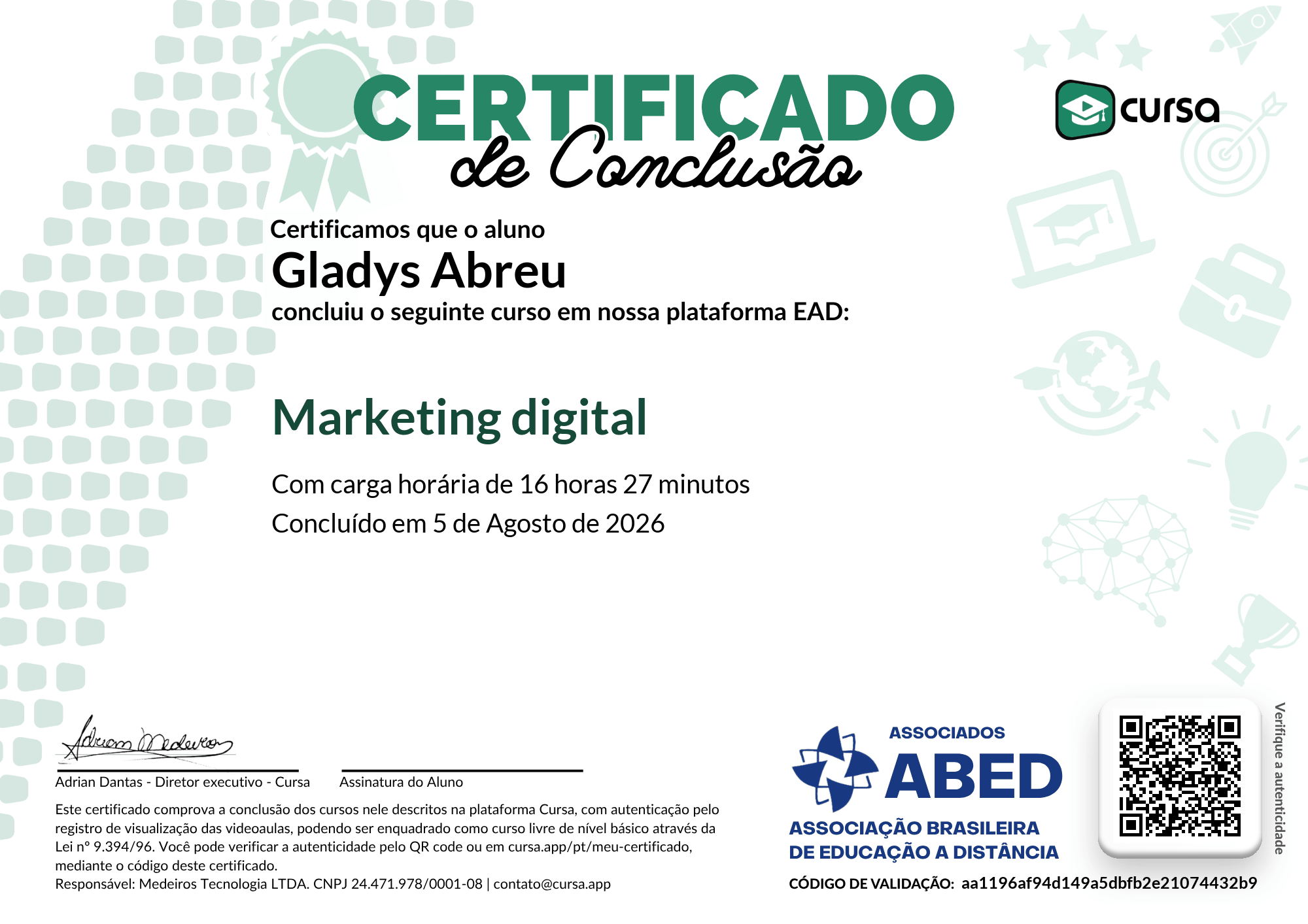 Imagem do meu Certificado gratuito de conclusão de curso.