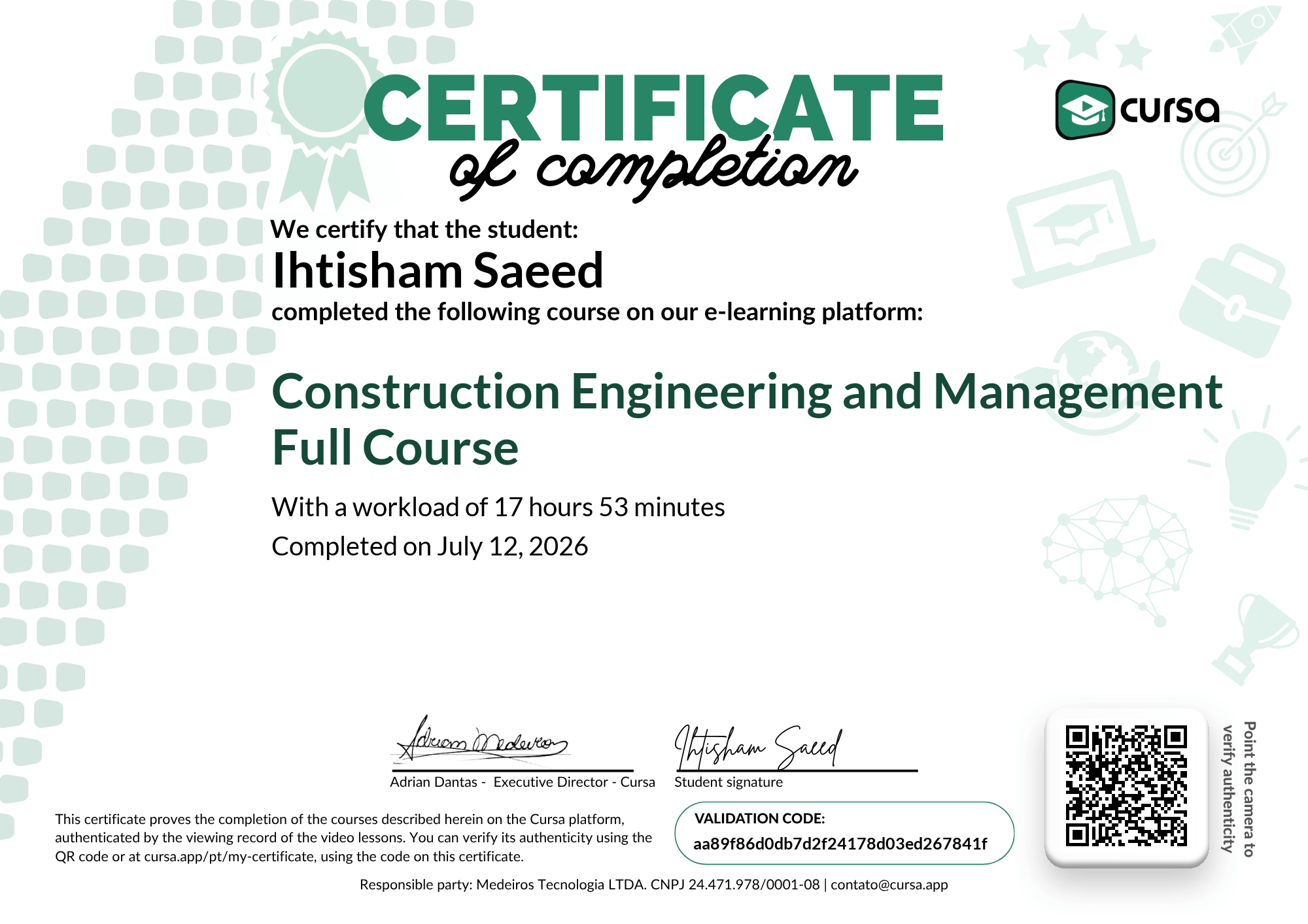 Image of my free Course Completion Certificate.