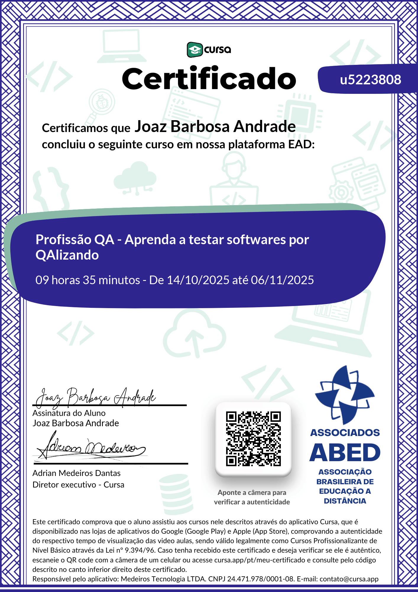 Imagem do meu Certificado gratuito de conclusão de curso.