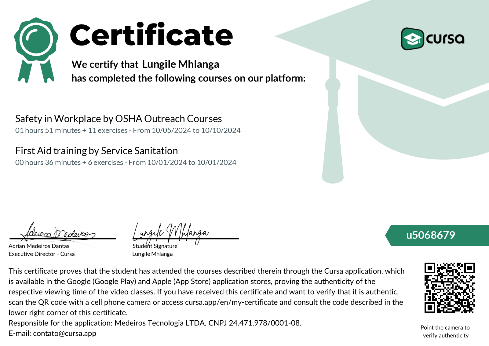 Image of my free Course Completion Certificate.