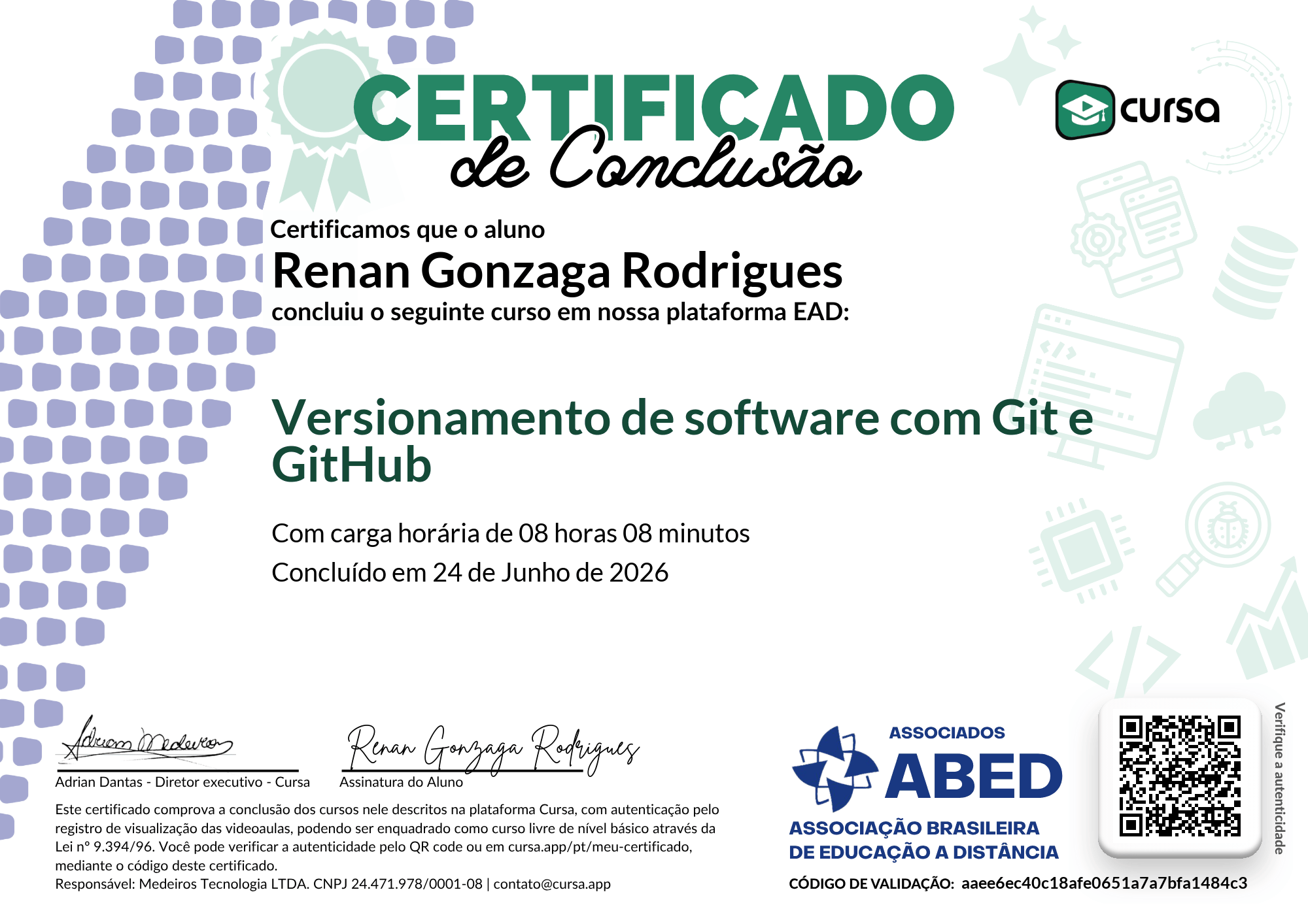 Imagem do meu Certificado gratuito de conclusão de curso.