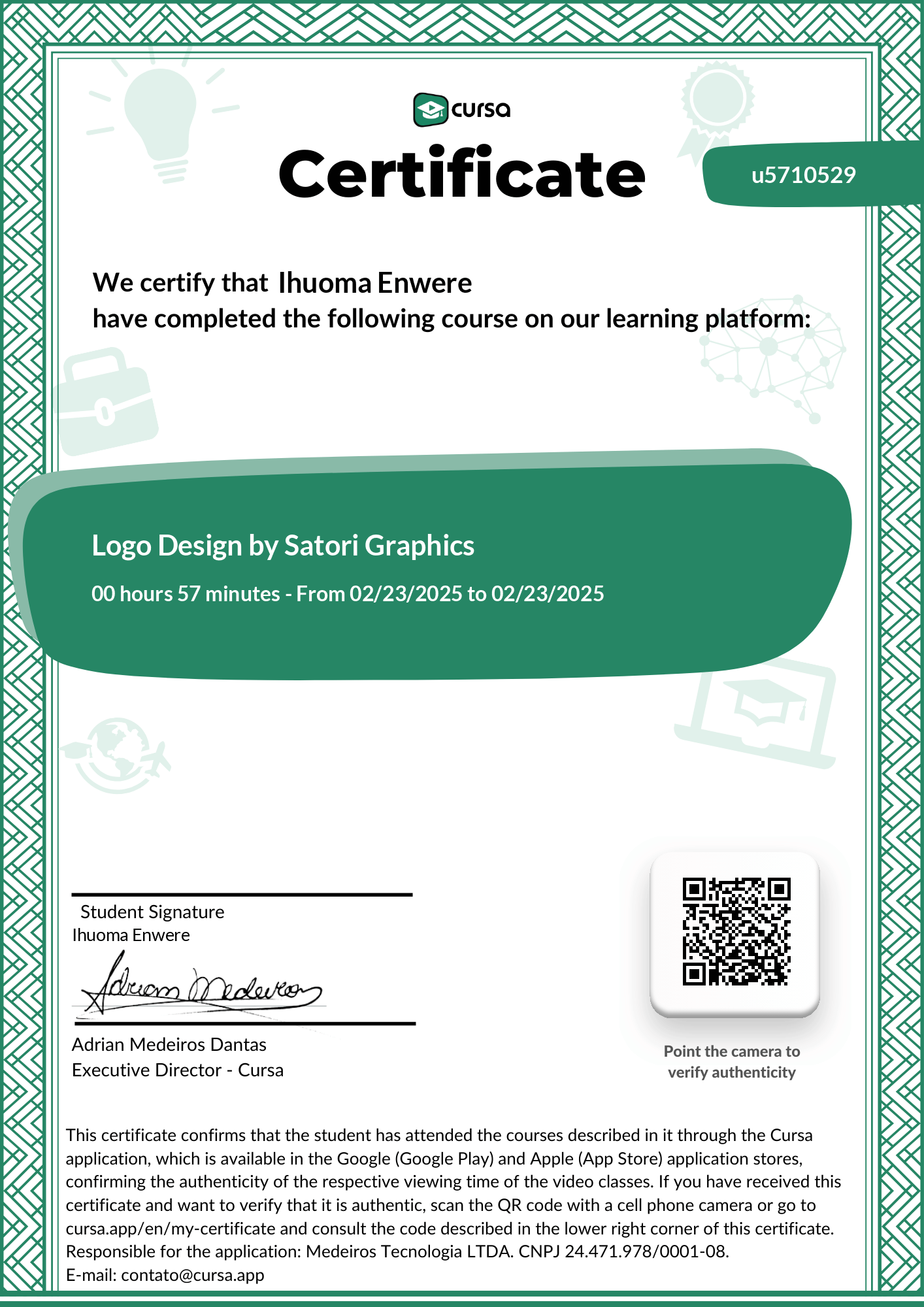Image of my free Course Completion Certificate.