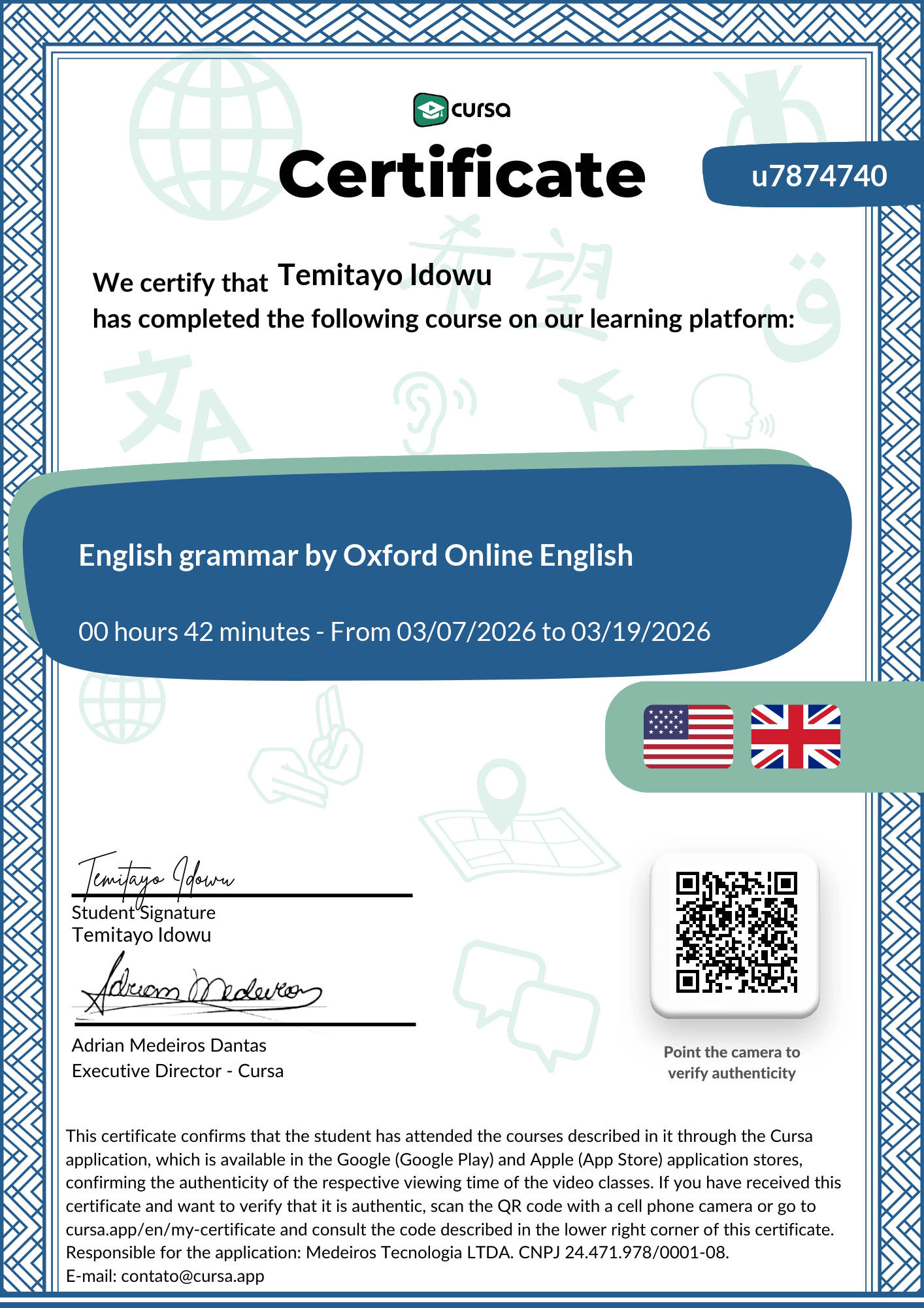 Image of my free Course Completion Certificate.