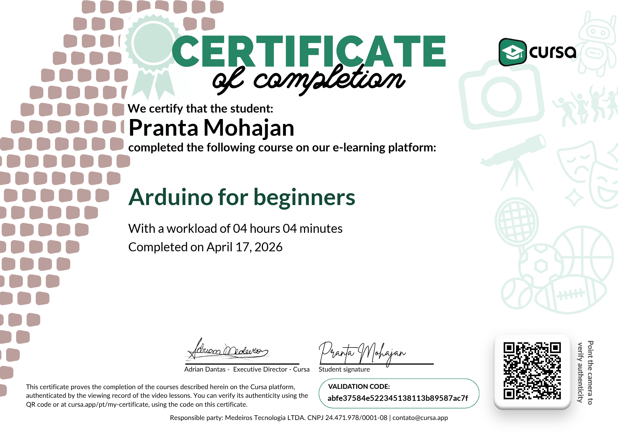 Image of my free Course Completion Certificate.