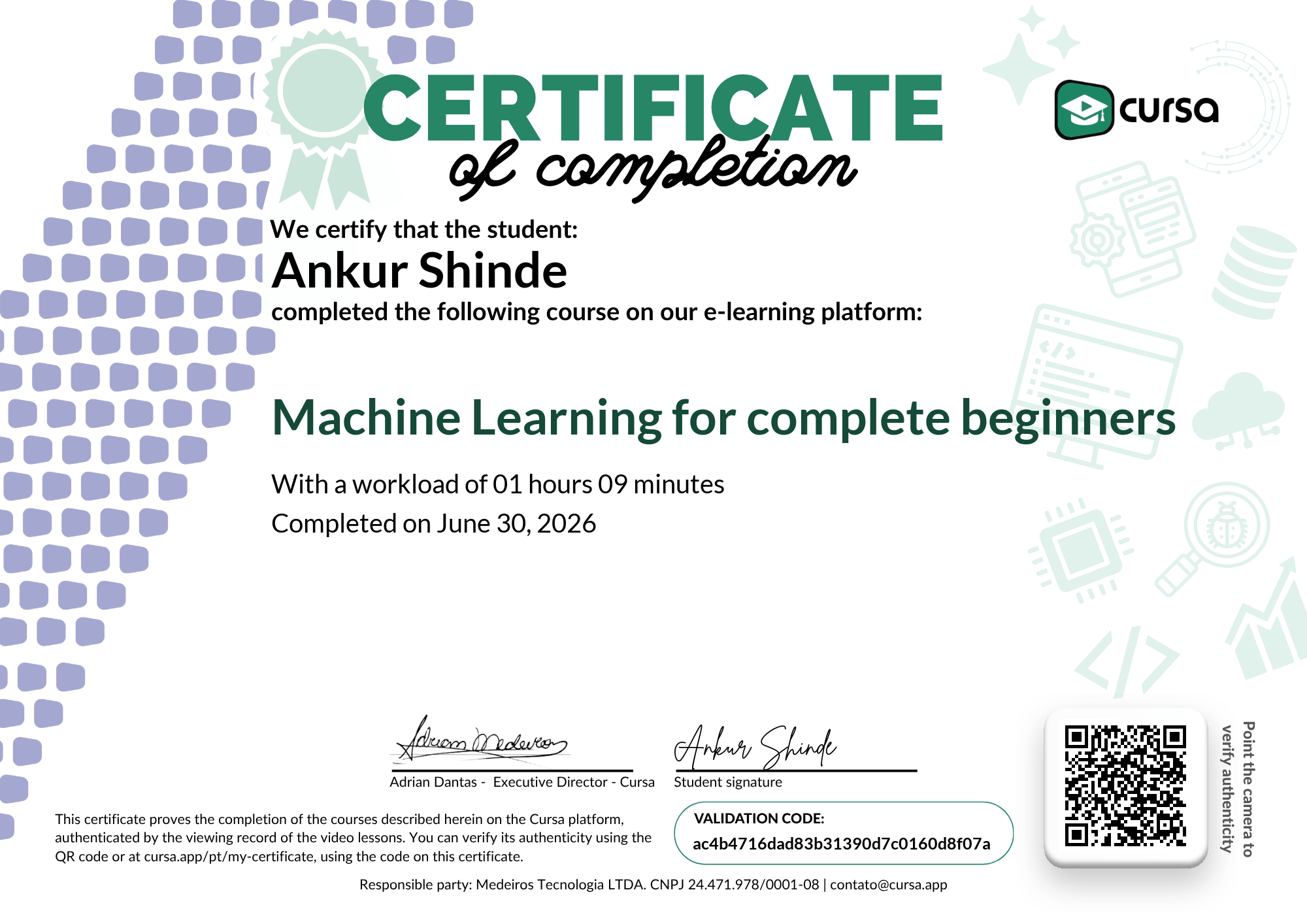 Image of my free Course Completion Certificate.