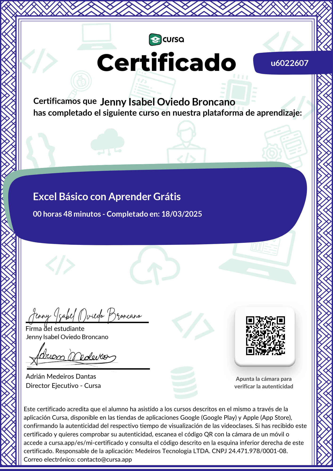 Imagen de mi Certificado de finalización del curso gratuito.