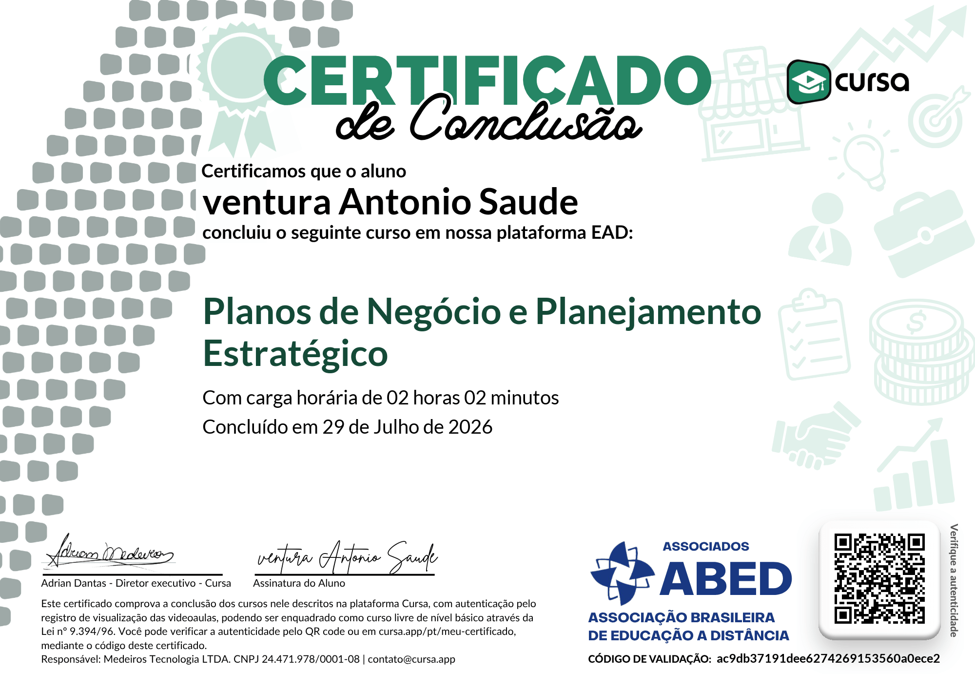 Imagem do meu Certificado gratuito de conclusão de curso.