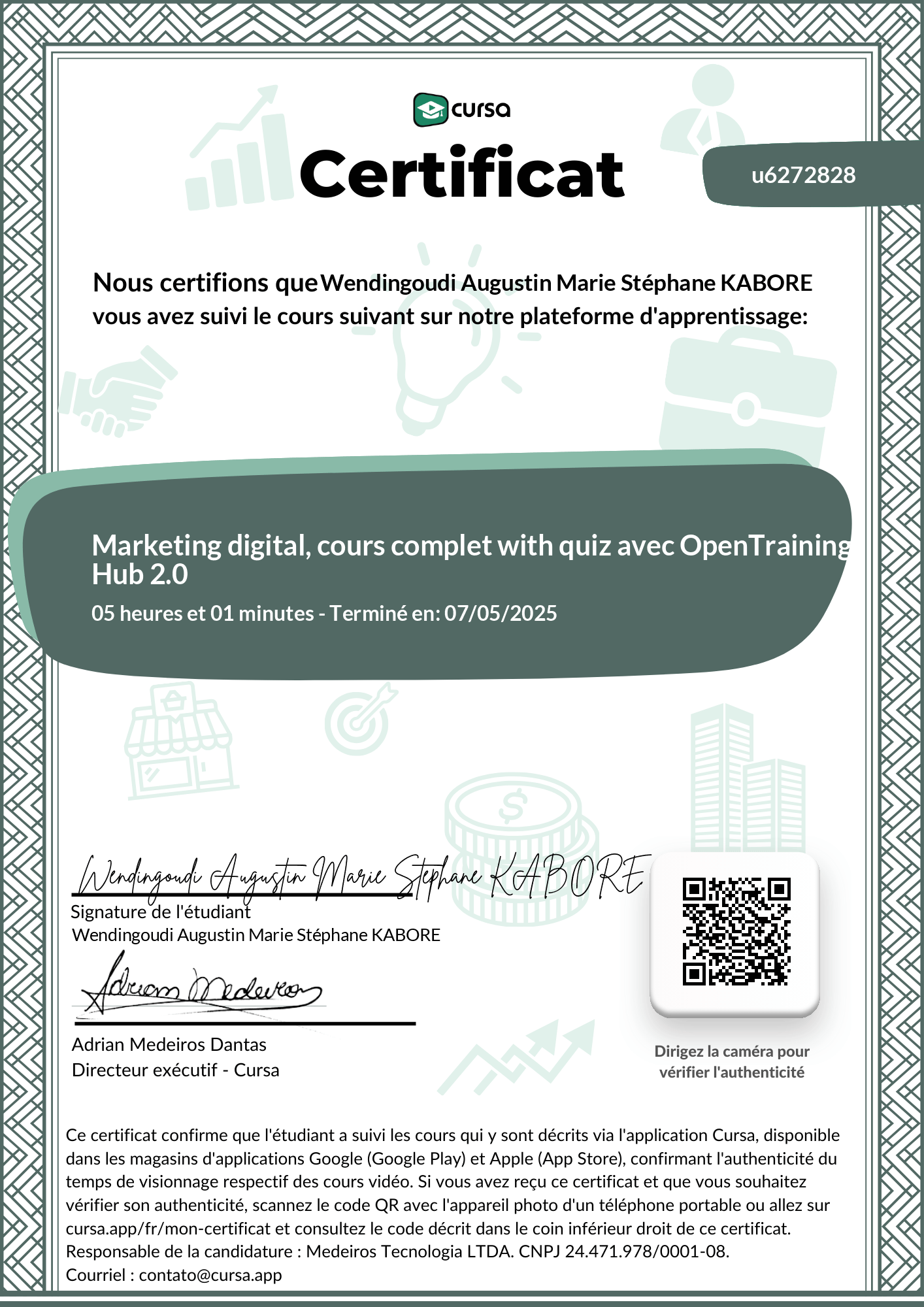 Image de mon certificat de fin de cours gratuit.