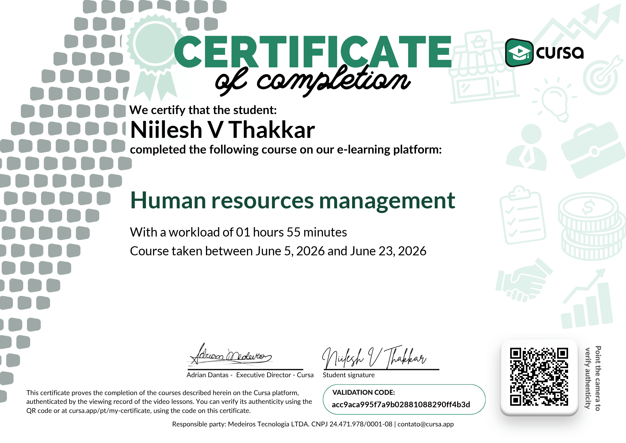 Image of my free Course Completion Certificate.