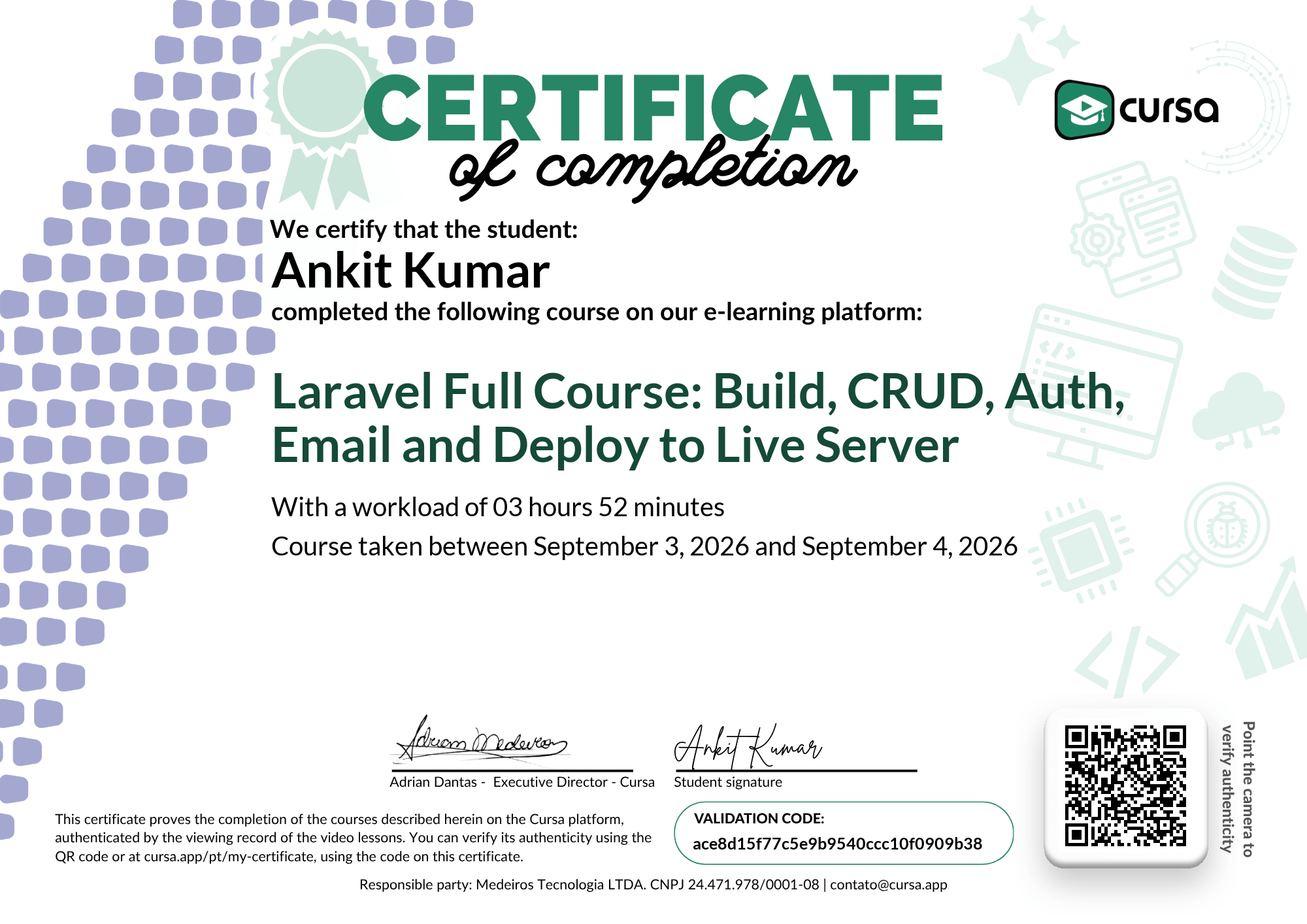 Image of my free Course Completion Certificate.