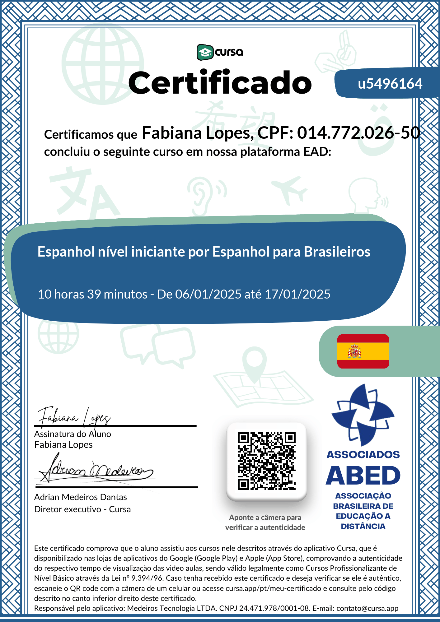 Imagem do meu Certificado gratuito de conclusão de curso.