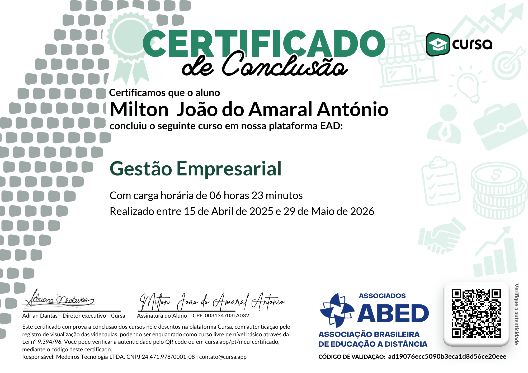 Imagem do meu Certificado gratuito de conclusão de curso.
