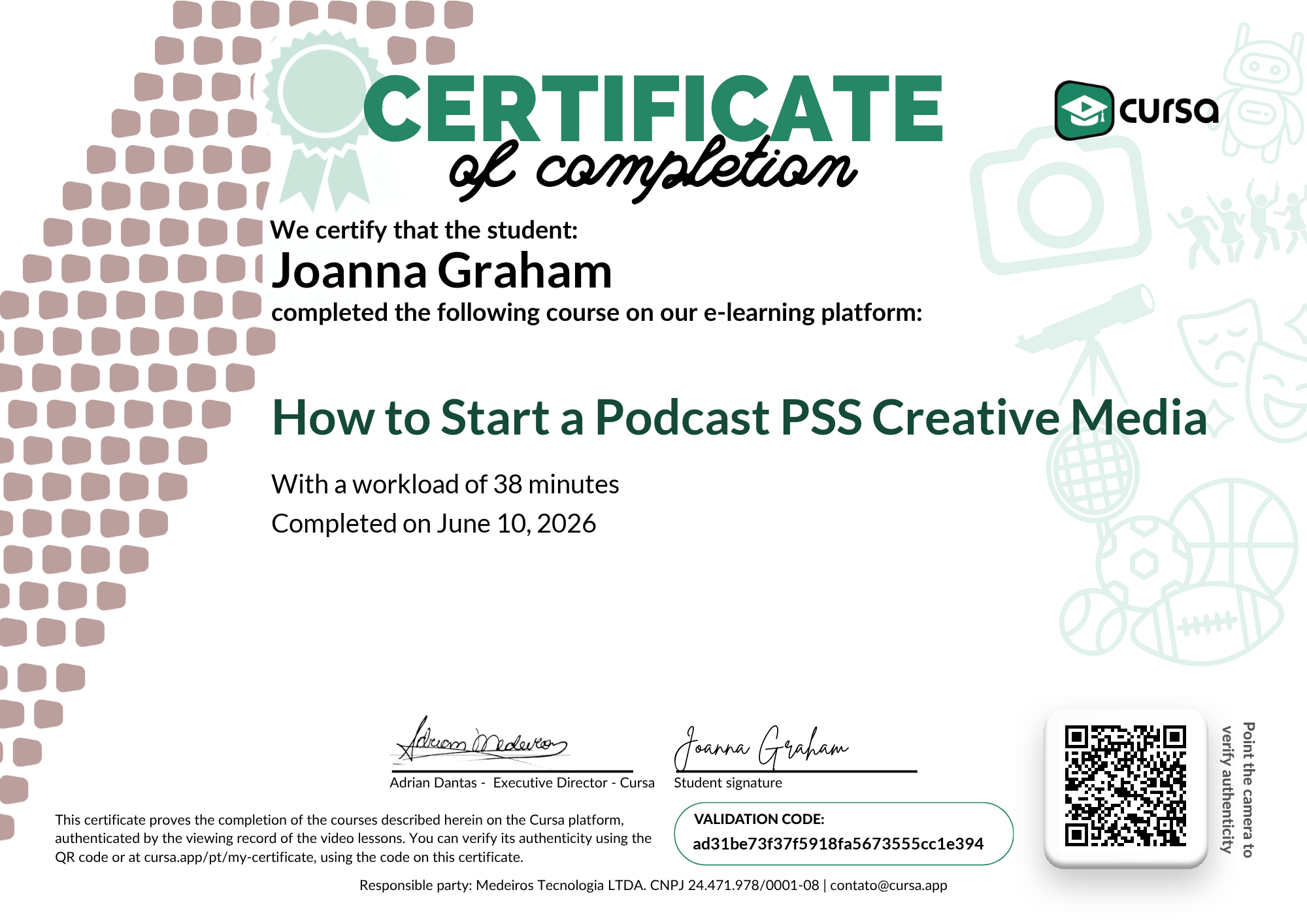 Image of my free Course Completion Certificate.